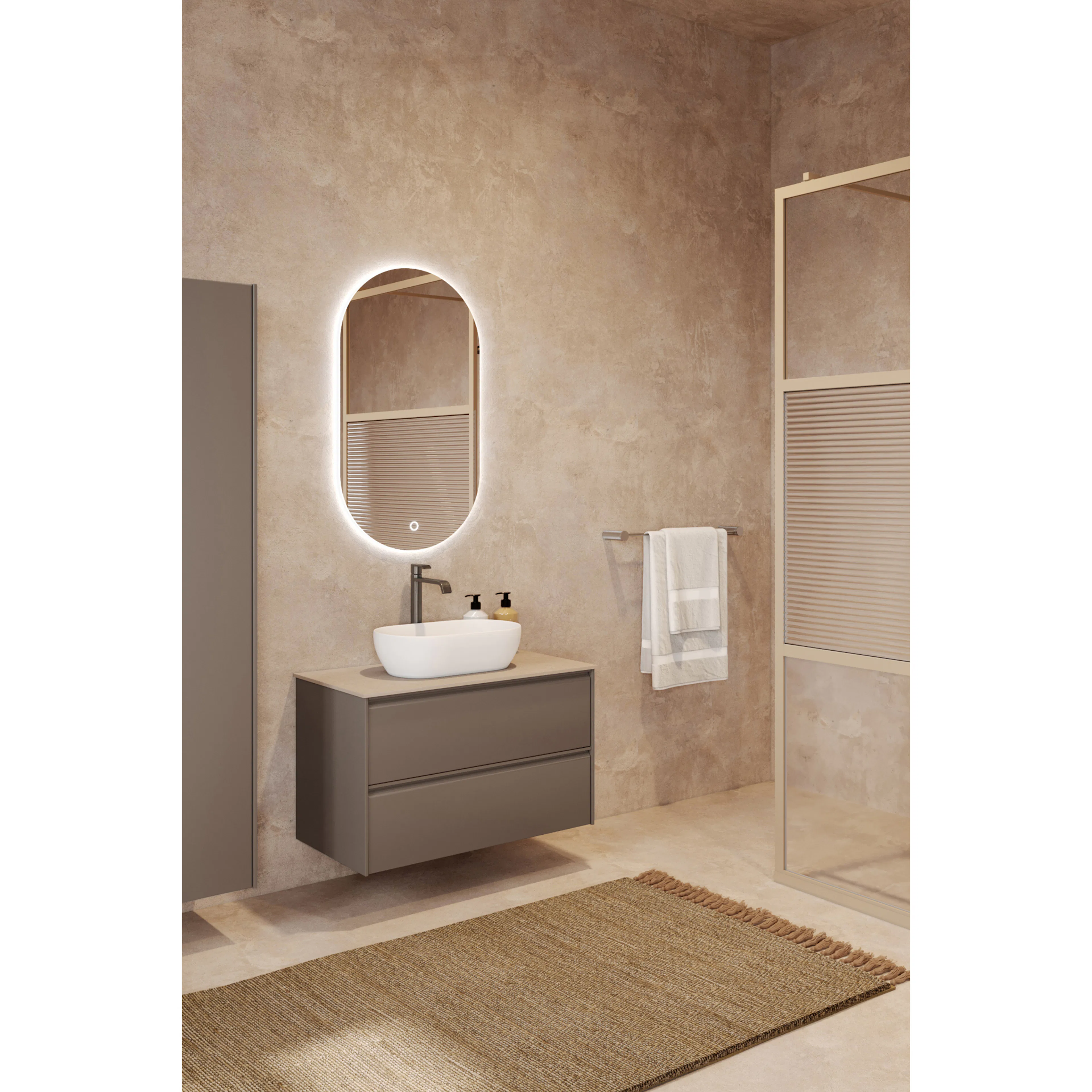 Tvättställsskåp Hietakari Luna L12 med Bänkskiva och Ovalt Ovanpåliggande Tvättställ,Matt Beige,Sandsten, 810x510x460