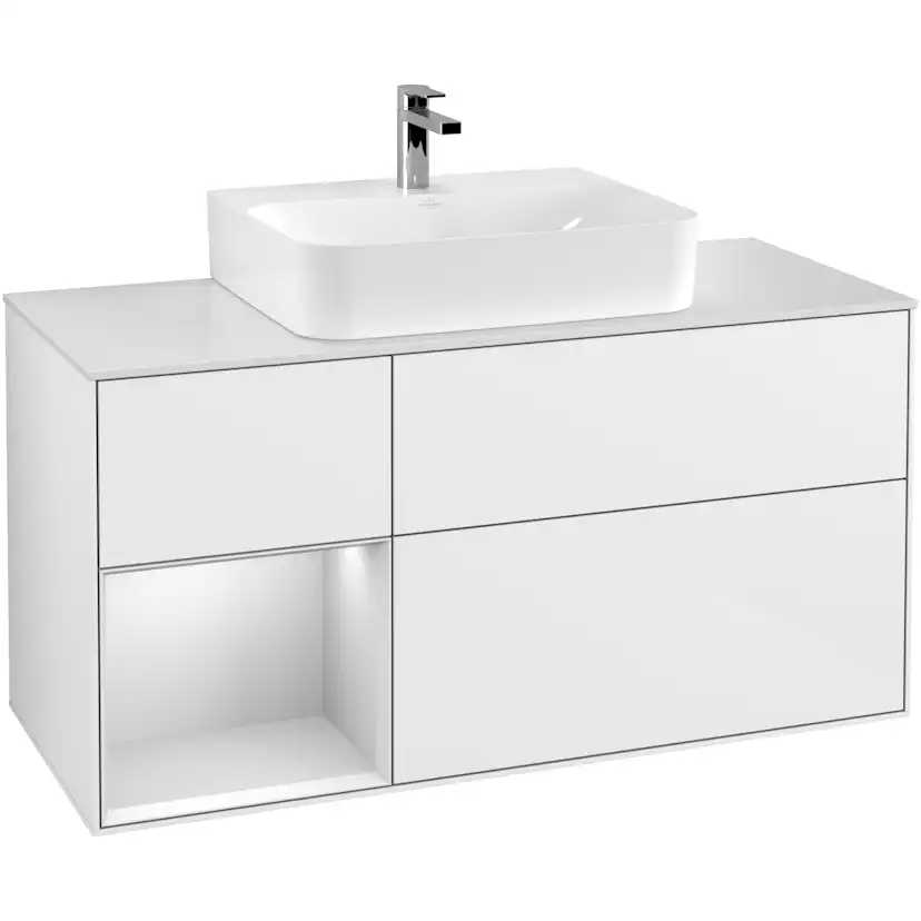 Tvättställsskåp Villeroy & Boch Finion F161MTGF Vit Högblank/Vit Mattlack med bänkskiva i Mattvitt glas, Lucka Vänster