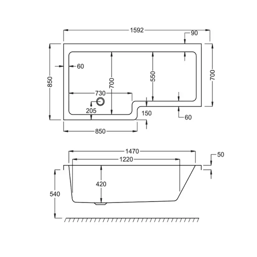 Quantum Showerbath 1600x700/850mm Standard, Vänster