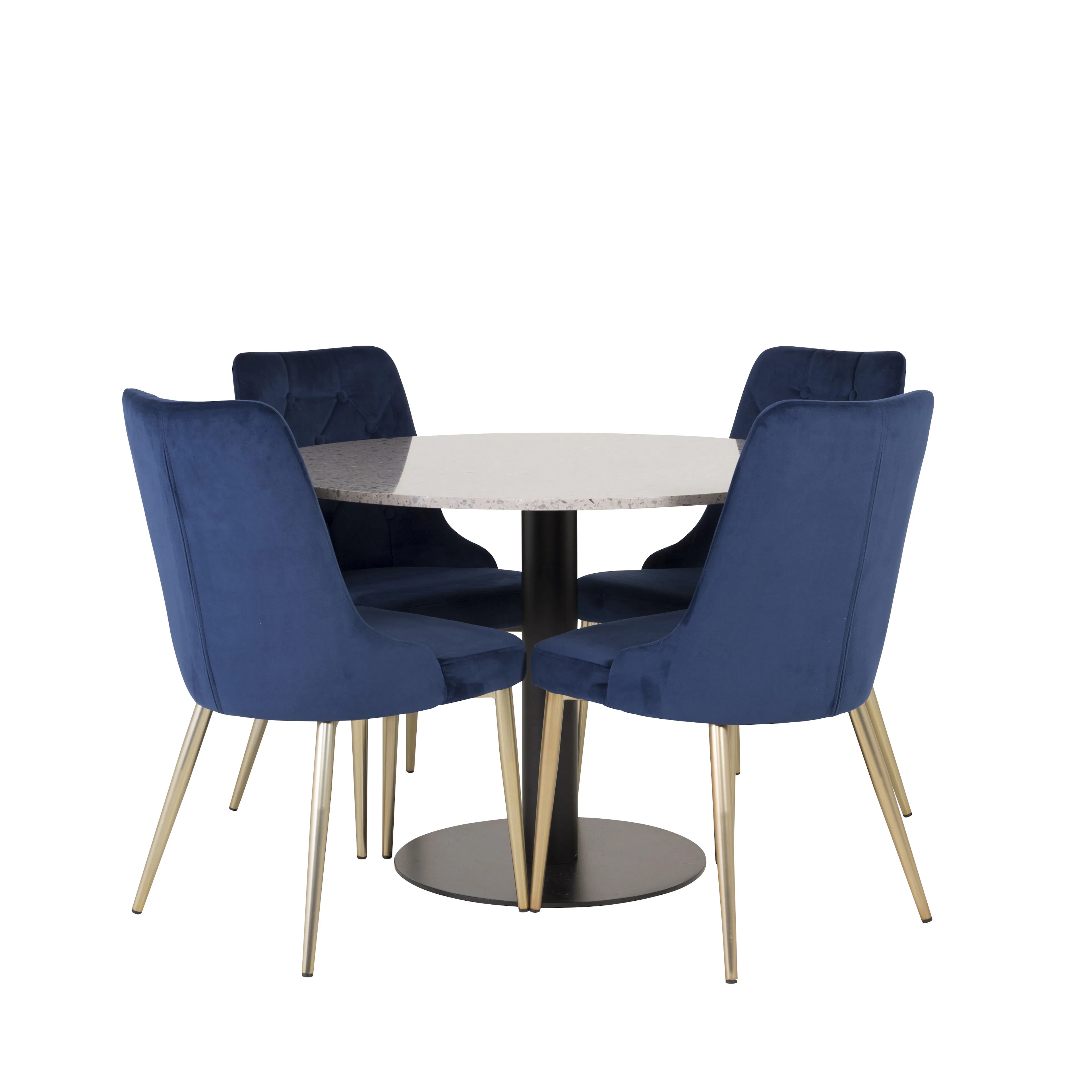 RazziaBord106cm-GråTerazzo/Black+Stol-Mässing/BlåSammet4 Grå Bord med Svarta Ben, Blå Stol med Mässingsben
