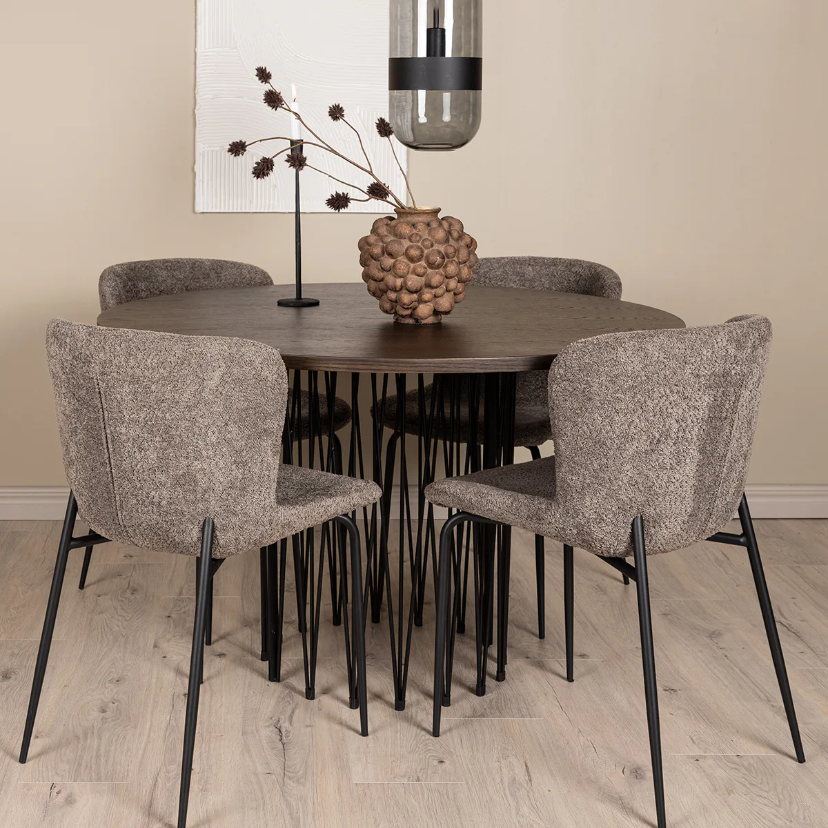 Stone round Dining Table - Black / Mocca Veneer +Modesto Din Mörkgrå/Ek