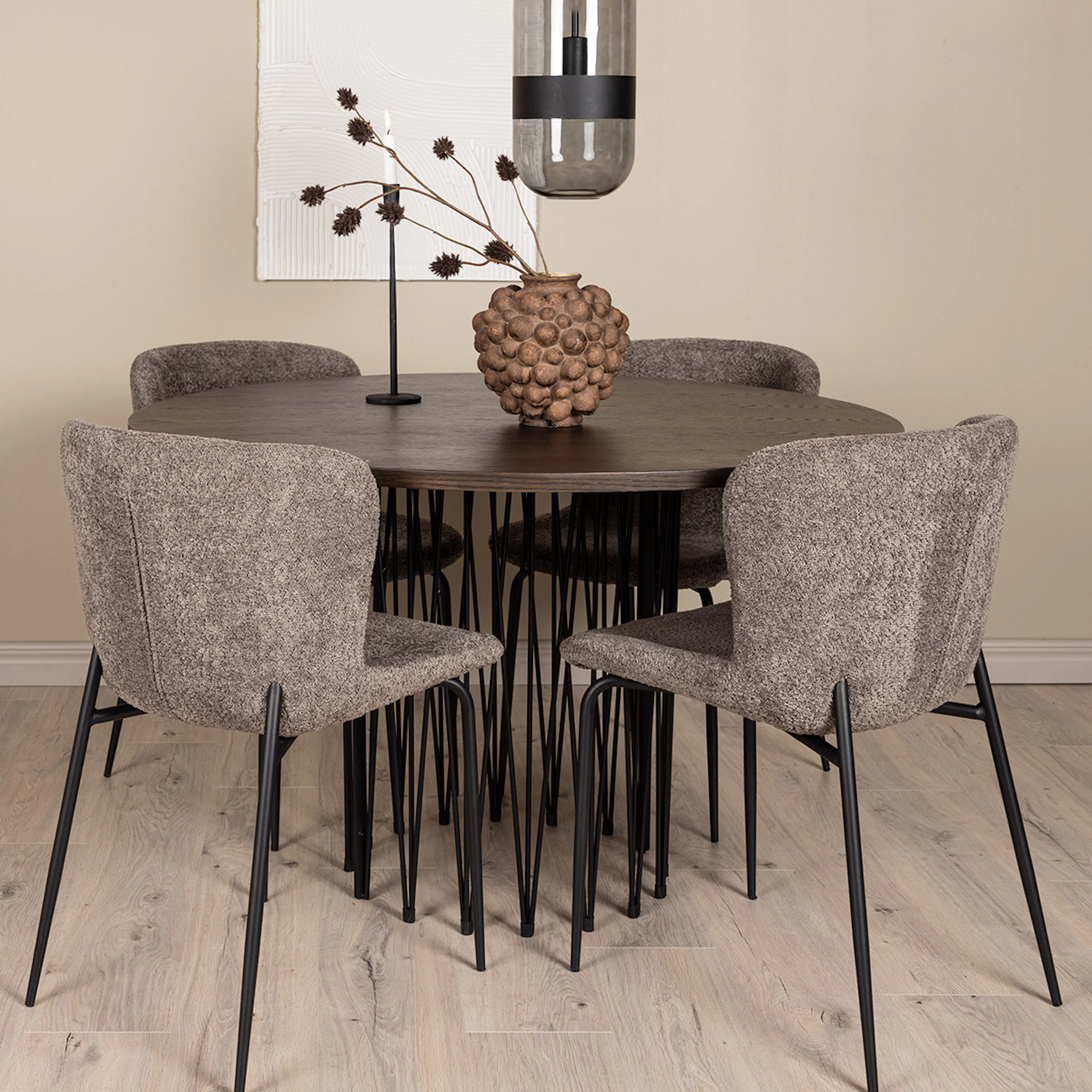 Stone round Dining Table - Black / Mocca Veneer +Modesto Din Mörkgrå/Ek