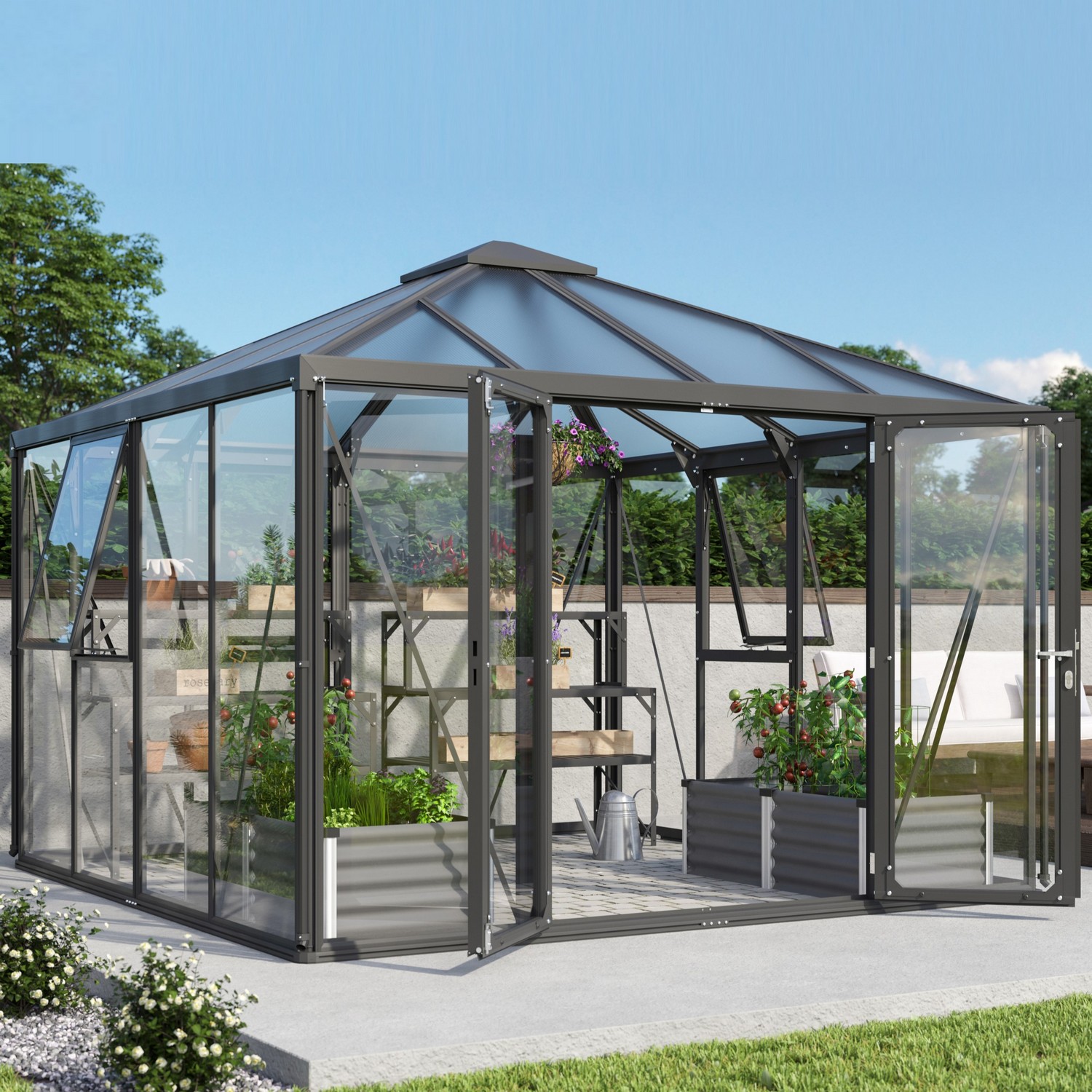 Växthus Vitavia Fortuna Svart Aluminiumstomme med UV-Skyddade Polykarbonatfönster & Härdat Glas, 10,2 m²