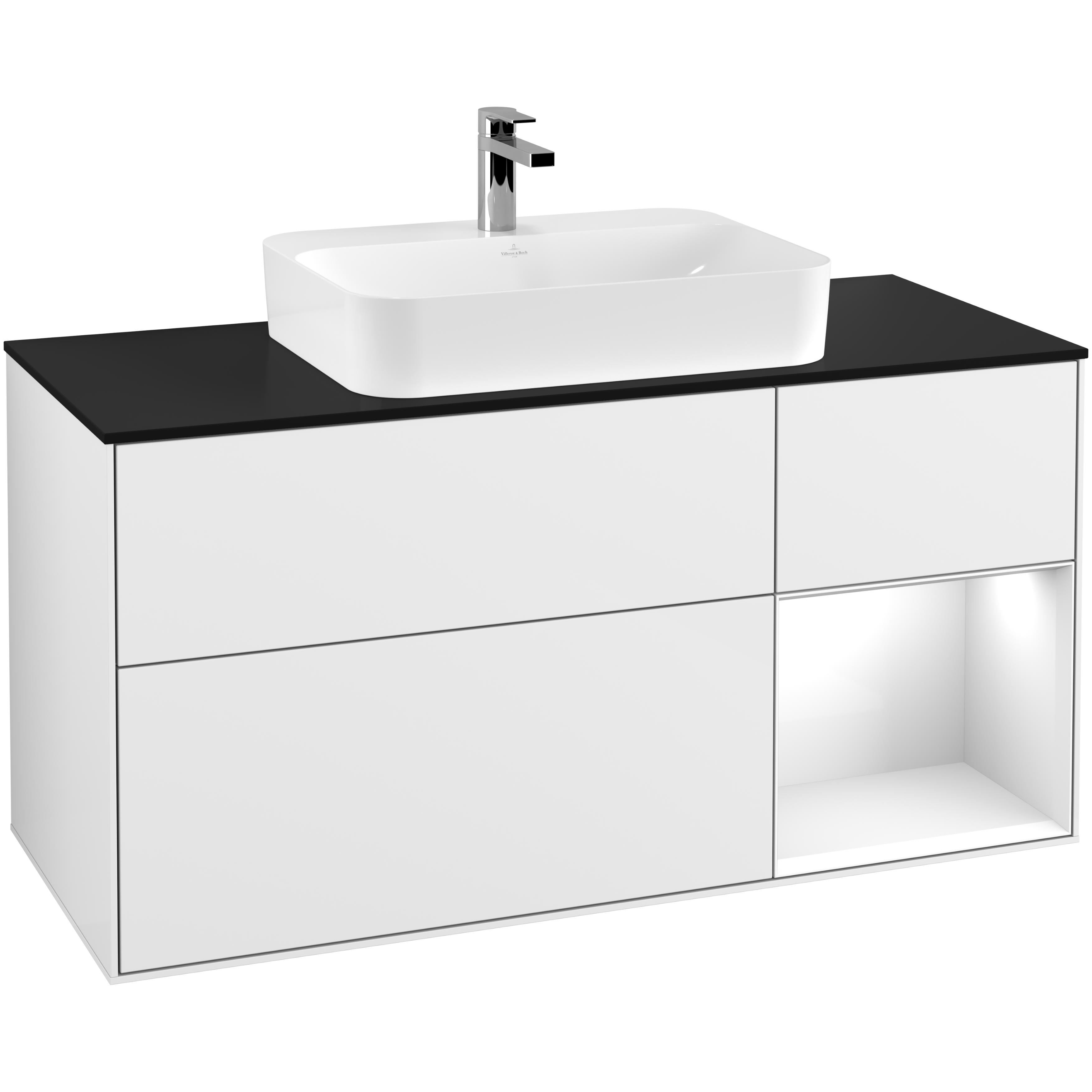 Tvättställsskåp Villeroy & Boch Finion F422GFGF Vit Högblank/Vit Högblank med bänkskiva i Mattsvart glas, Lucka Höger