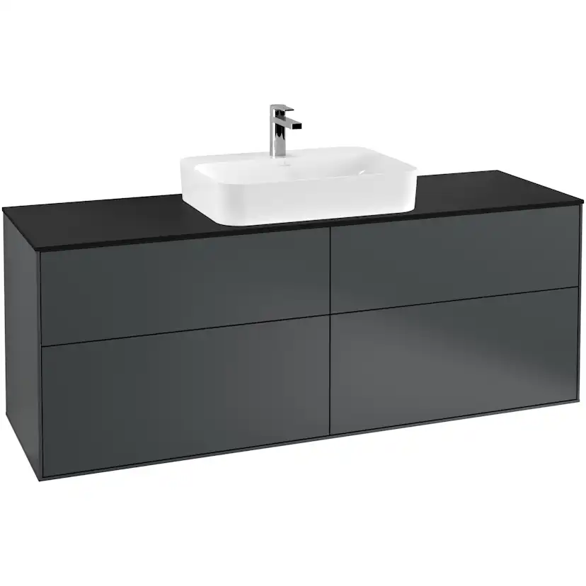 Tvättställsskåp Villeroy & Boch Finion G44200HG Midnattsblå Mattlack, B: 1600 mm med bänkskiva i Mattsvart glas med Väggbelysning