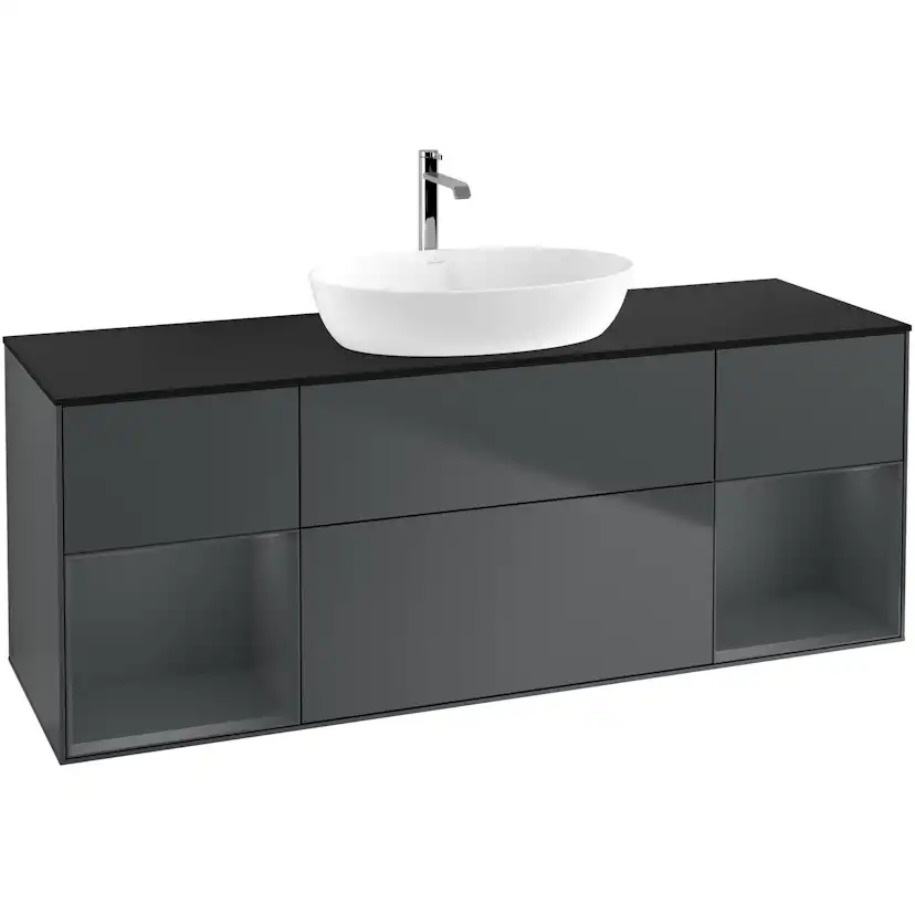 Tvättställsskåp Villeroy & Boch Finion G862HGHG Midnattsblå Mattlack/Midnattsblå Mattlack med bänkskiva i Mattsvart glas med Väggbelysning Med Blandarhål utan Väggbelysning