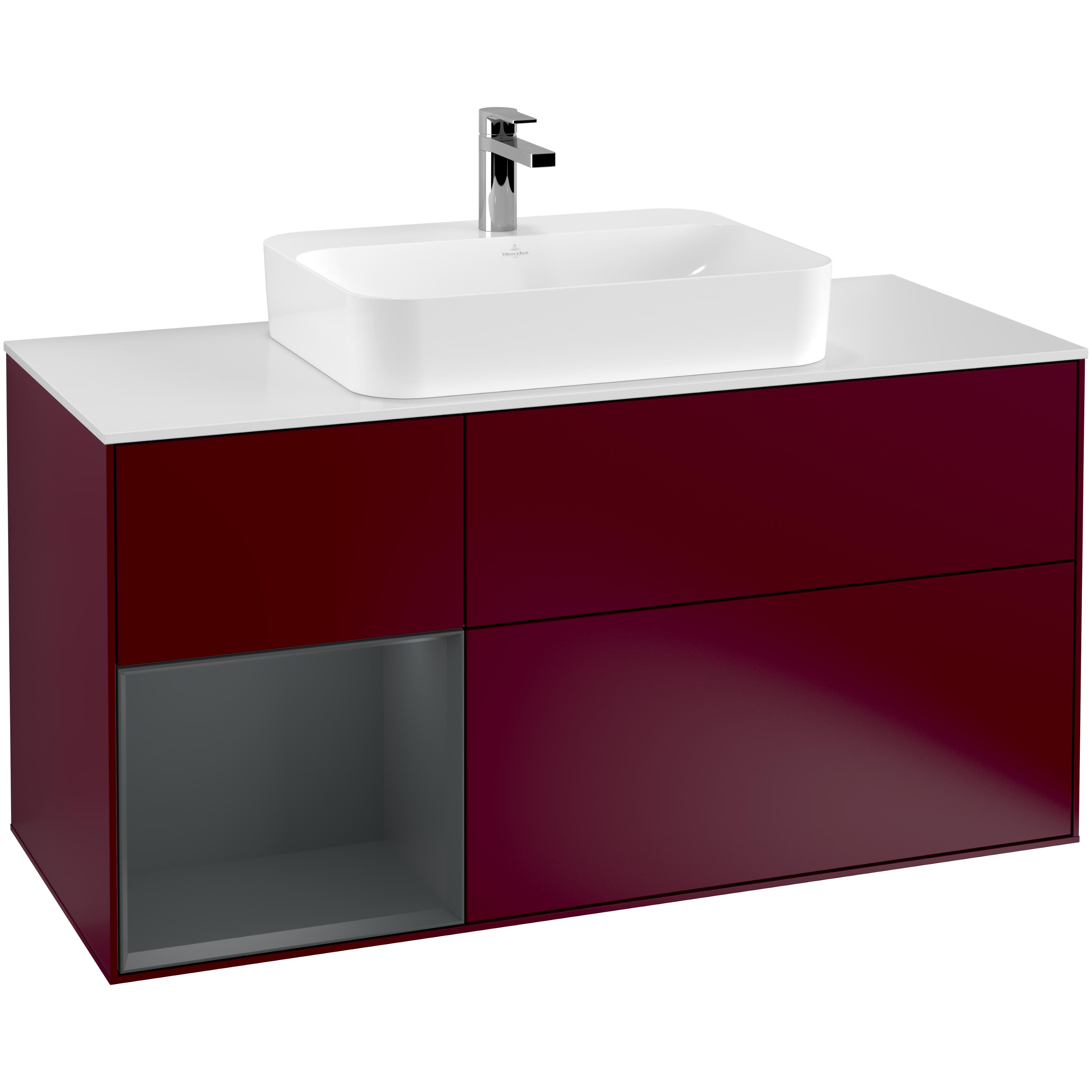 Tvättställsskåp Villeroy & Boch Finion F411HGHB Pion Mattlack/Midnattsblå Mattlack med bänkskiva i Mattvitt glas, Lucka Vänster