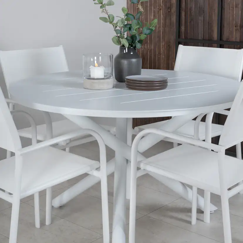 Alma Dining Table - White Alu - ø120cm+Santorini Arm Chair ( Vit