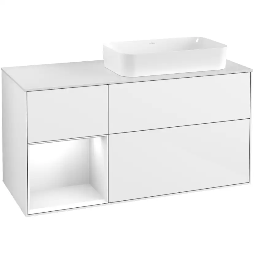 Tvättställsskåp Villeroy & Boch Finion G681GFGF Vit Högblank/Vit Högblank med bänkskiva i Mattvitt glas med Väggbelysning, Lucka Vänster utan Blandarhål