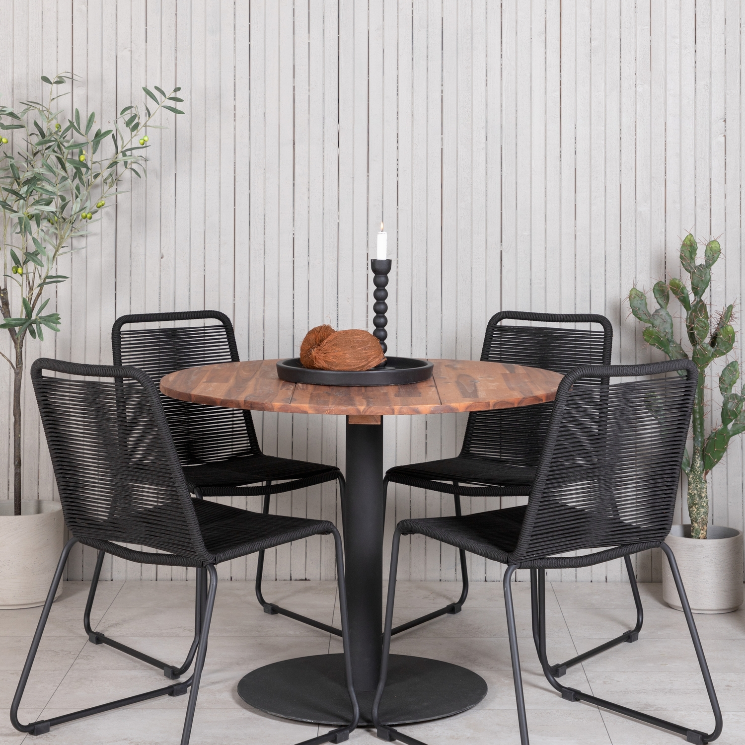 Cot Dining Table - Black steel / Acacia (teaklook) - ø100cm+ Svart