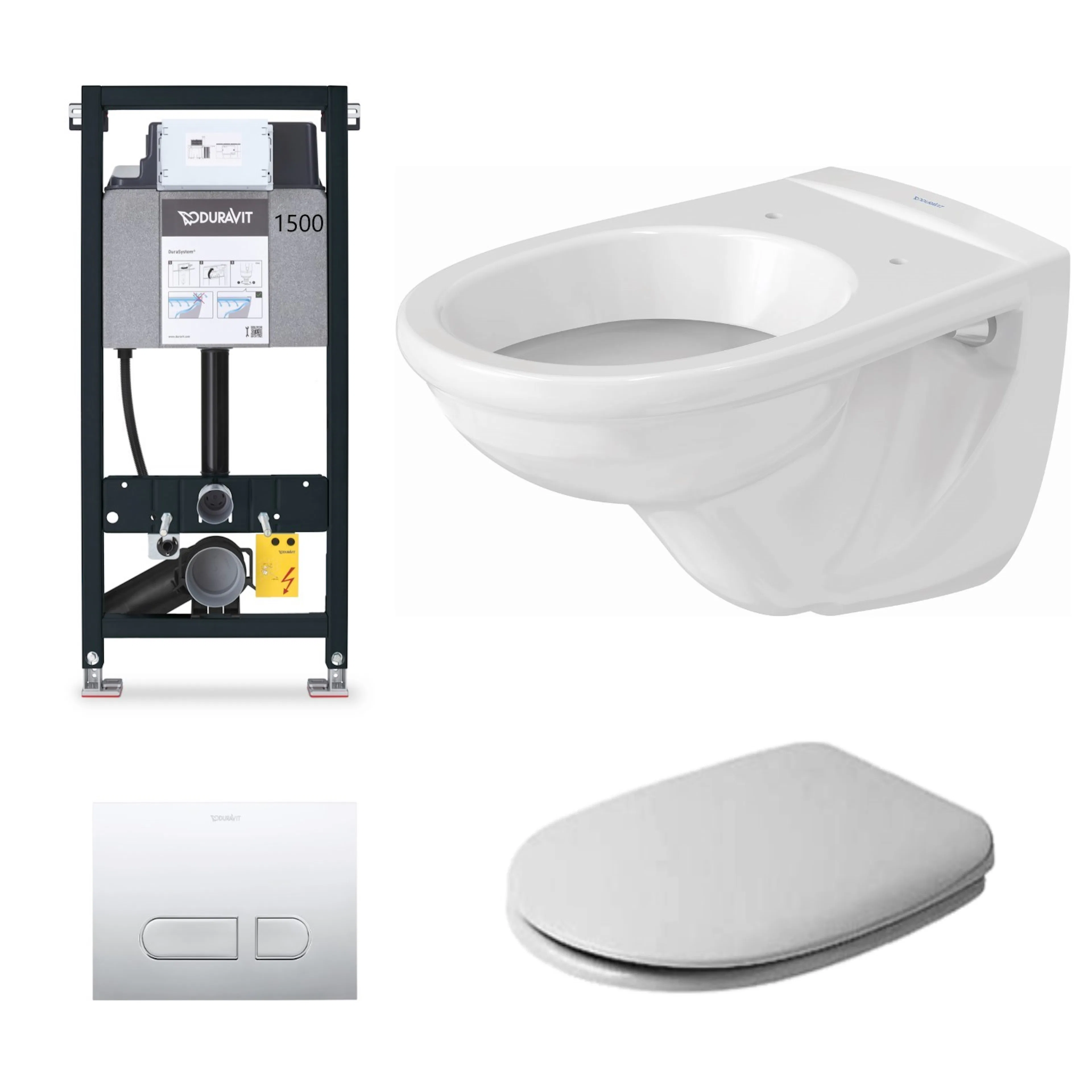Toalettpaket Duravit D-Code med Vägghängd Toalettstol, Fixtur och Spolknapp