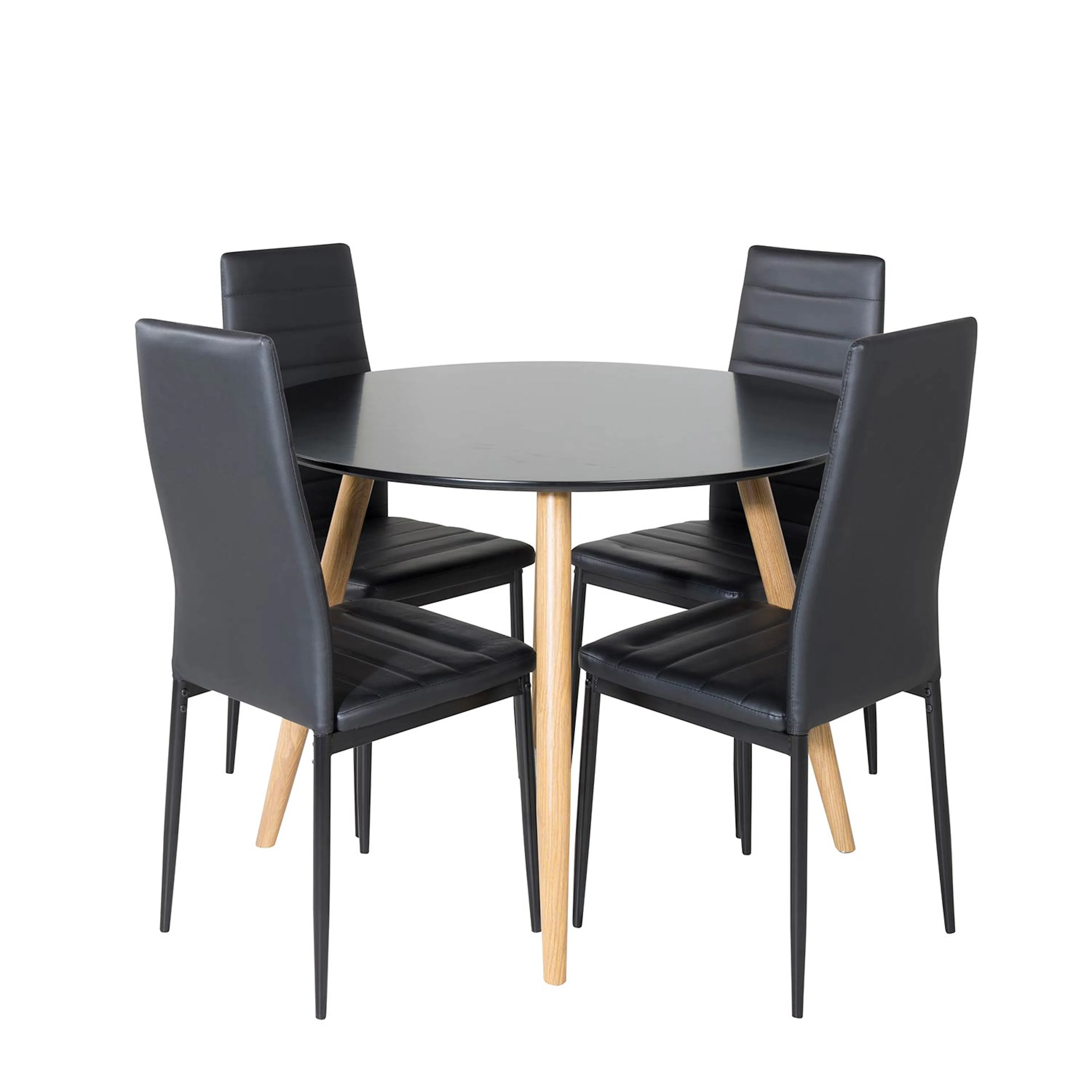 Plaza Round Table -Black/Oak+Slim High Back Chair-Black PU_4 Svart/Ek