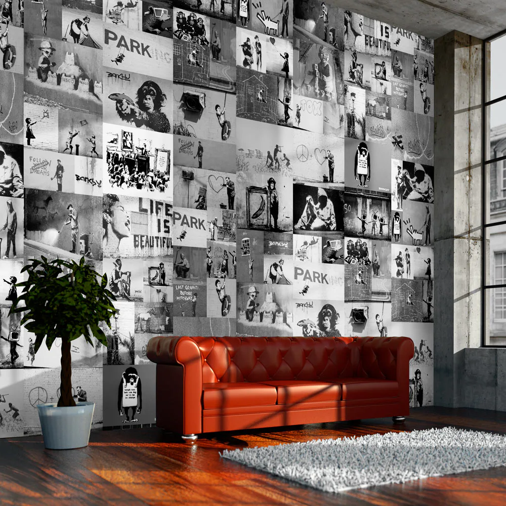 Fototapet Arkiio Banksy grey collage 50x1000 cm