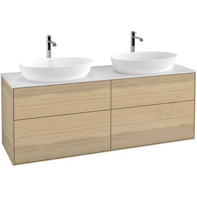 Tvättställsskåp Villeroy & Boch Finion G84100PC Ekfanér med bänkskiva i Mattvitt glas med Väggbelysning Med Blandarhål