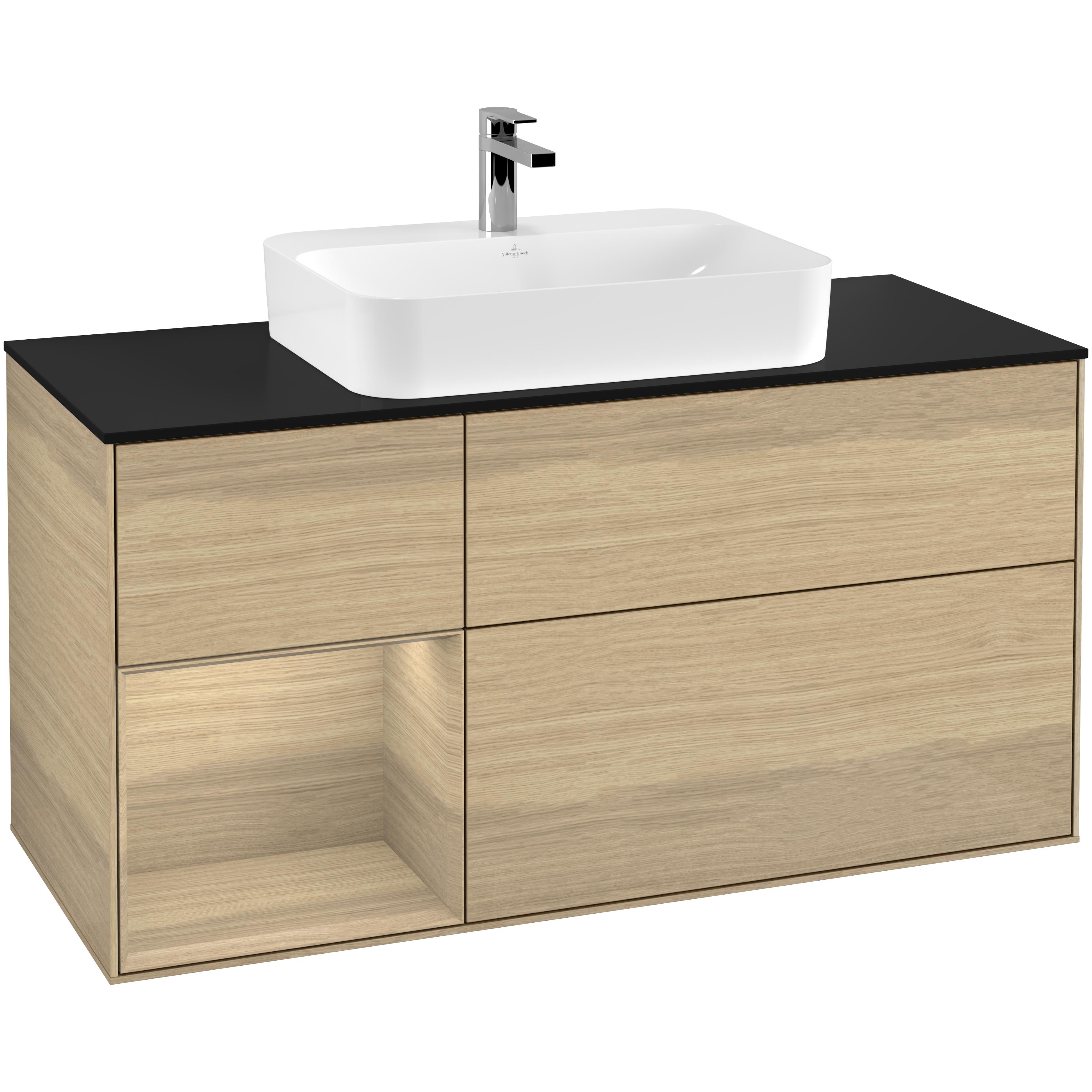 Tvättställsskåp Villeroy & Boch Finion F412PCPC Ekfanér/Ekfanér med bänkskiva i Mattsvart glas, Lucka Vänster