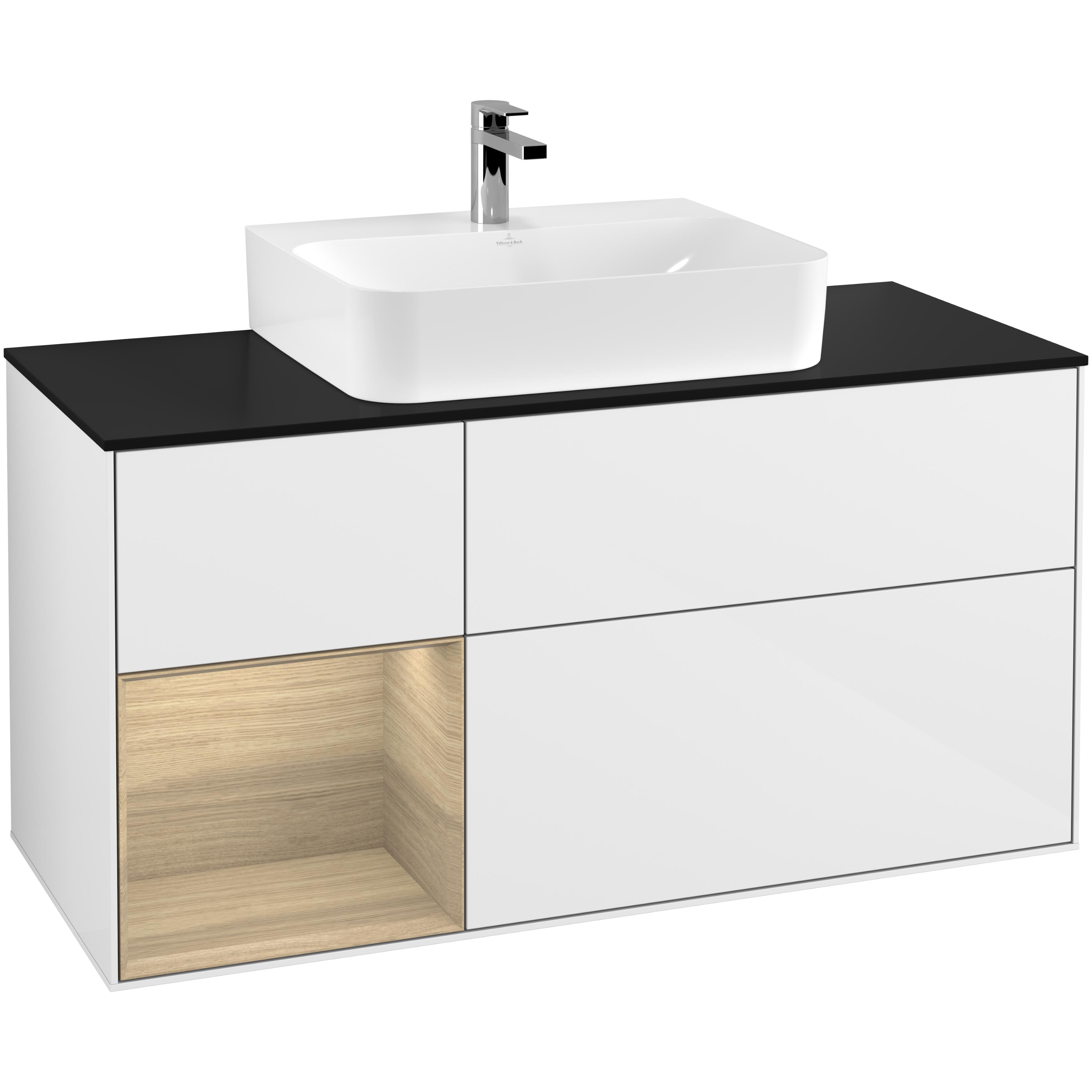 Tvättställsskåp Villeroy & Boch Finion G162PCGF Vit Högblank/Ekfanér med bänkskiva i Mattsvart glas med Väggbelysning, Lucka Vänster