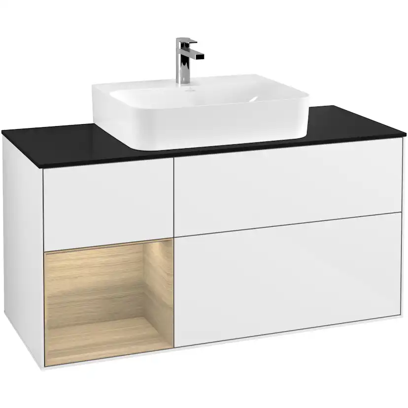 Tvättställsskåp Villeroy & Boch Finion G162PCGF Vit Högblank/Ekfanér med bänkskiva i Mattsvart glas med Väggbelysning, Lucka Vänster