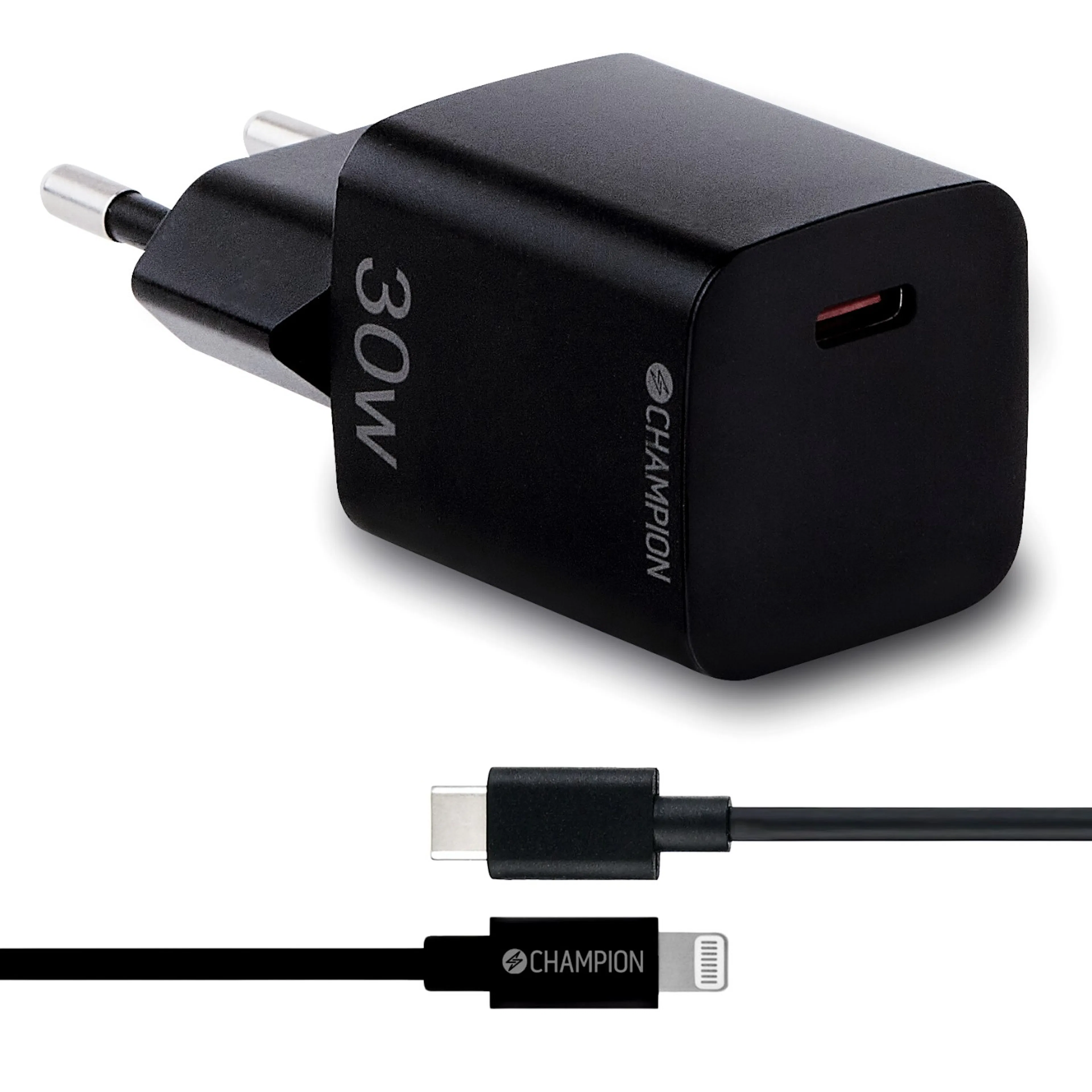Laddare Champion 30W + USB-C till Lightning Kabel Svart