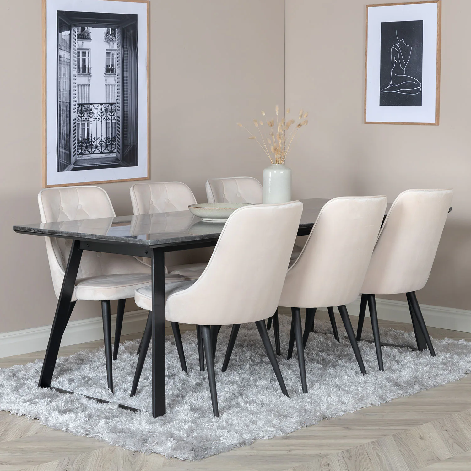 Matgrupp Venture Home Estelle med 6 Velvet Deluxe stolar