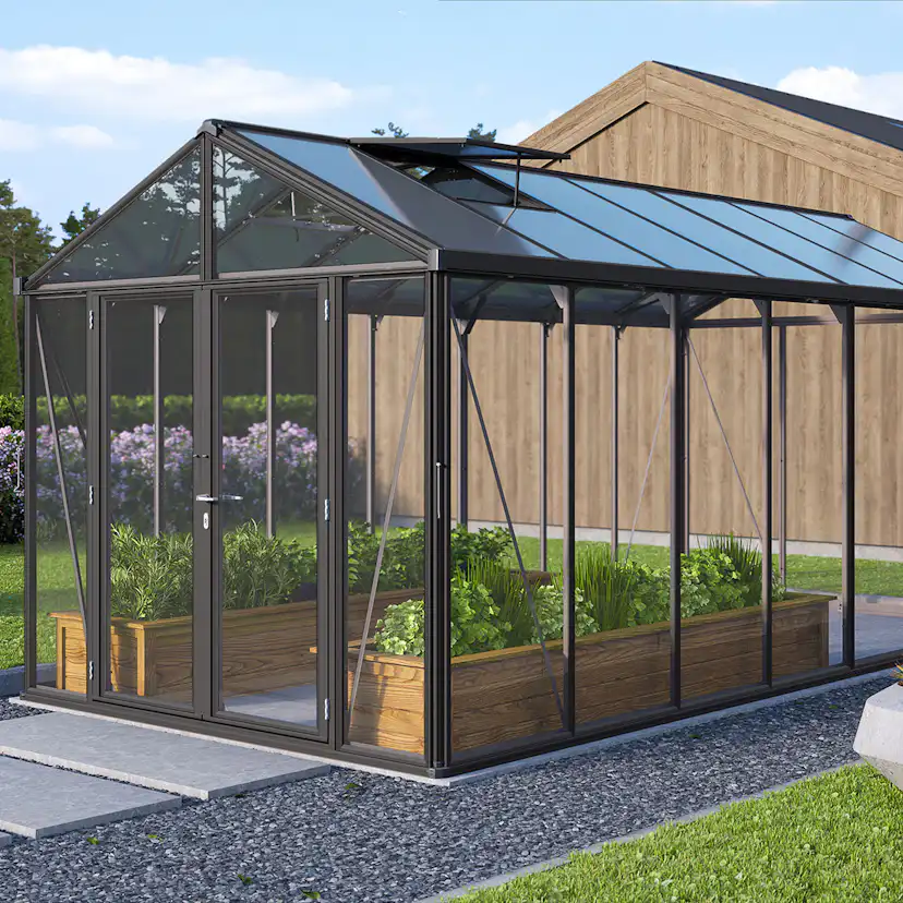 Växthus Vitavia Poseidon Aluminiumstomme med UV-Skyddat Polykarbonat & Härdat Glas, 13,8 m²