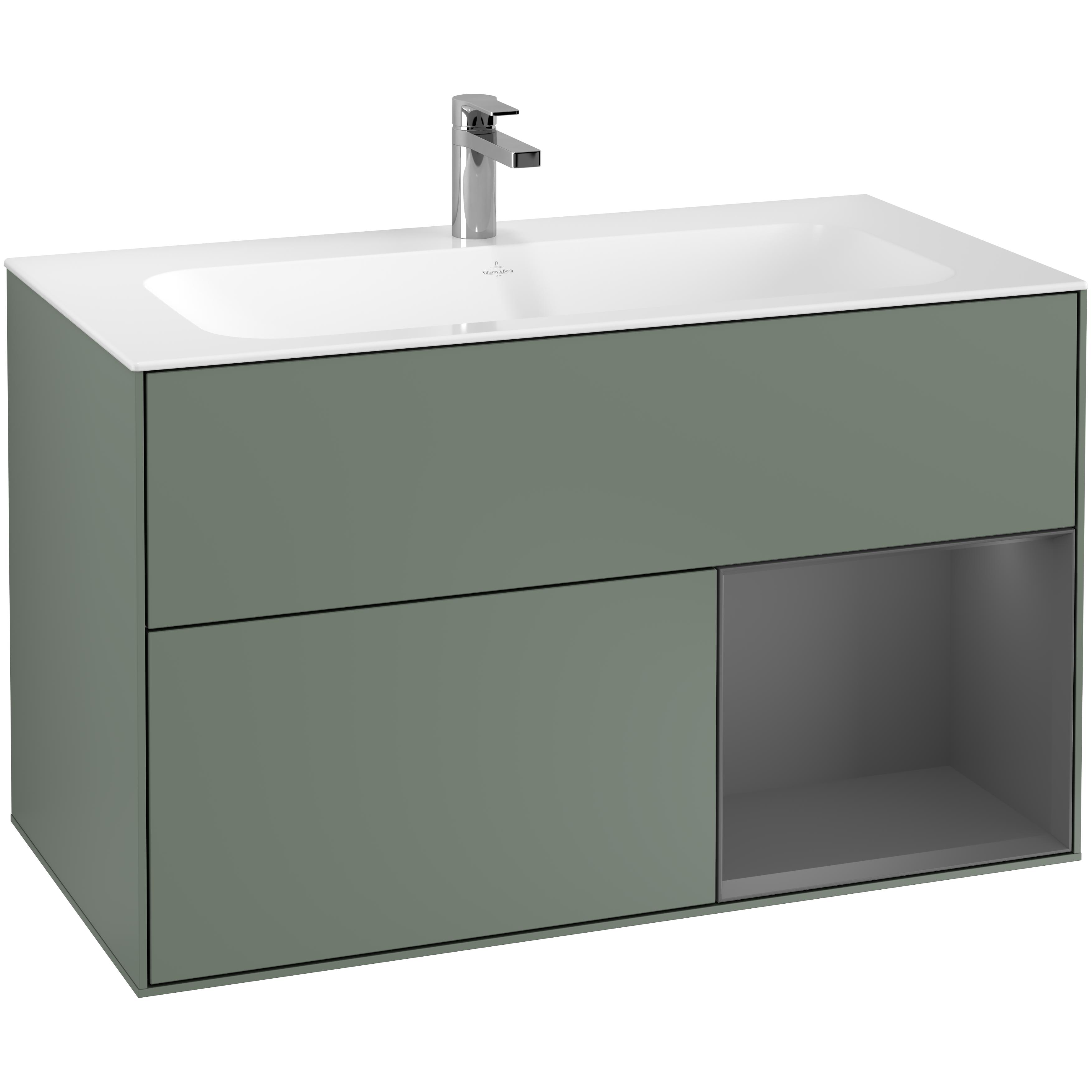 Tvättställsskåp Villeroy & Boch Finion G040GKGM Oliv Mattlack/Antracitgrå Mattlack med Väggbelysning, Lucka Höger