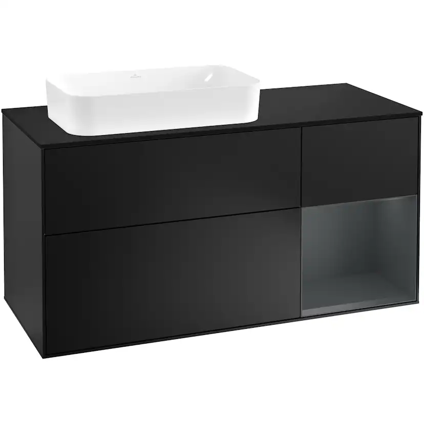 Tvättställsskåp Villeroy & Boch Finion F282HGPD Svart Mattlack/Midnattsblå Mattlack med bänkskiva i Mattsvart glas, Lucka Höger med Blandarhål
