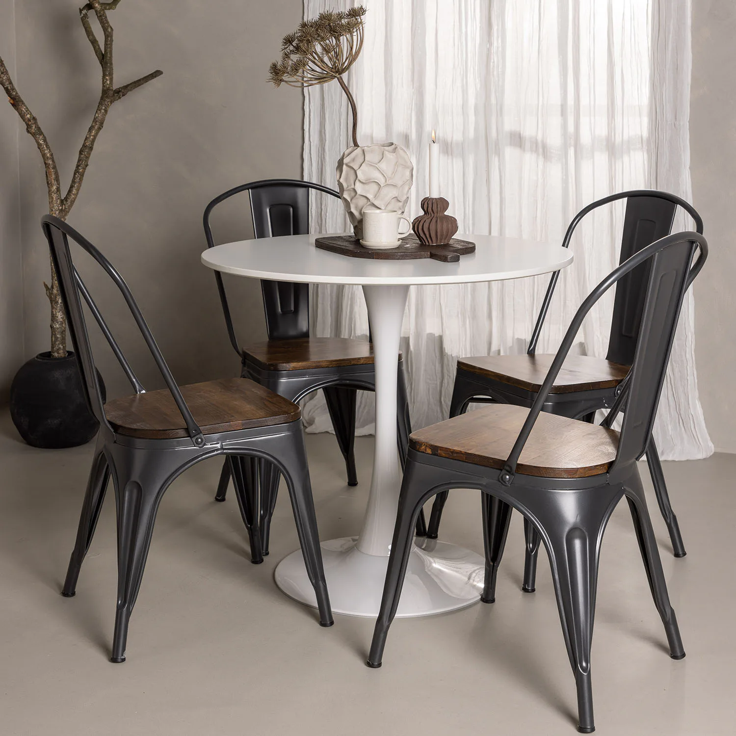 Hamden Dining Table - White MDF+Tempe Dining Chair - Dark gr Vit/Svart/Valnöt
