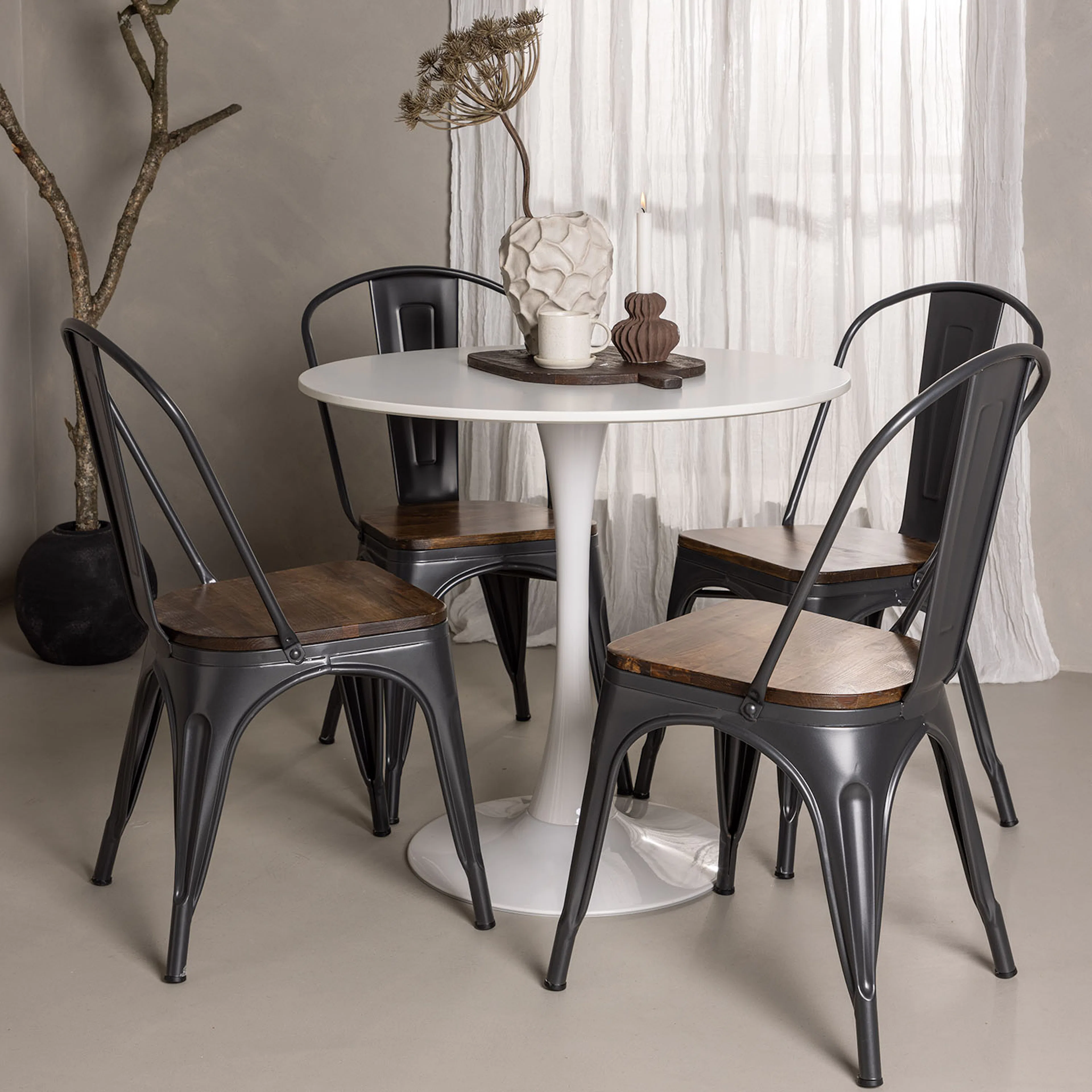 Hamden Dining Table - White MDF+Tempe Dining Chair - Dark gr Vit/Svart/Valnöt