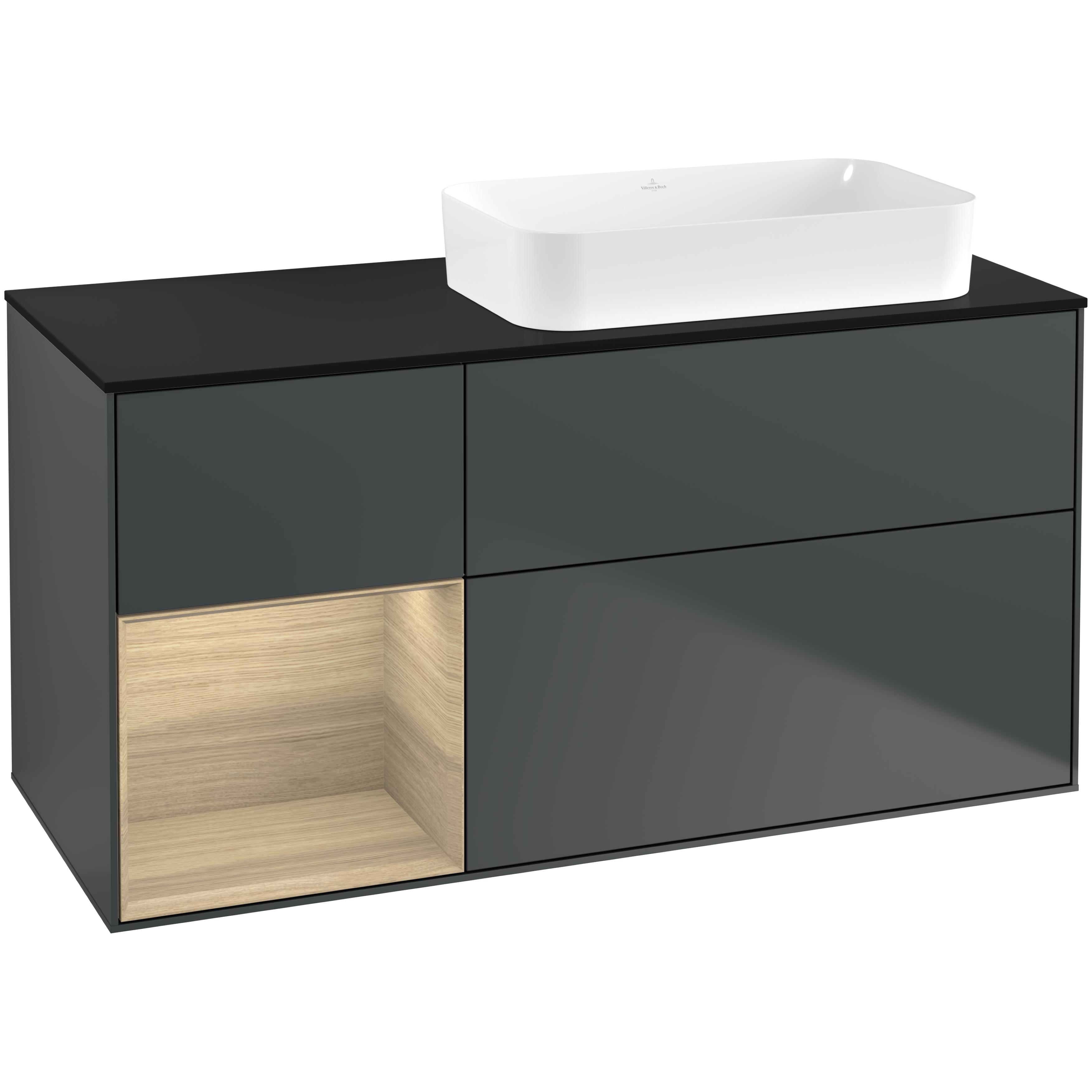 Tvättställsskåp Villeroy & Boch Finion G682PCHG Midnattsblå Mattlack/Ekfanér med bänkskiva i Mattsvart glas med Väggbelysning, Lucka Vänster utan Blandarhål