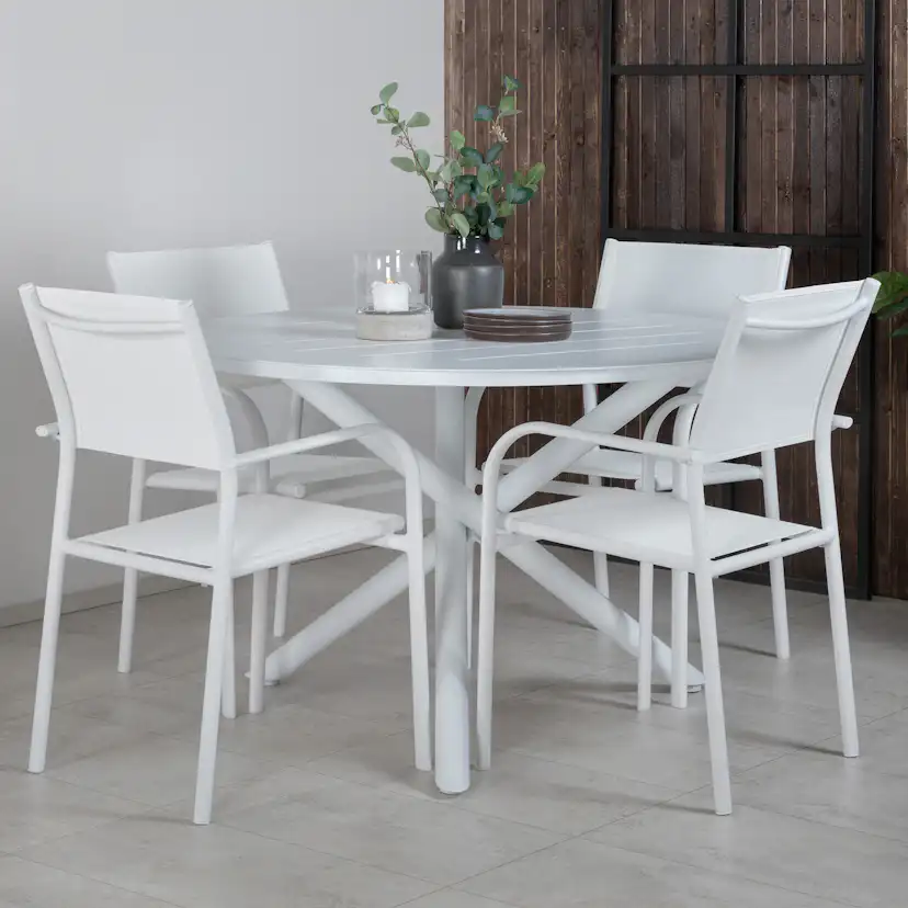 Alma Dining Table - White Alu - ø120cm+Santorini Arm Chair ( Vit