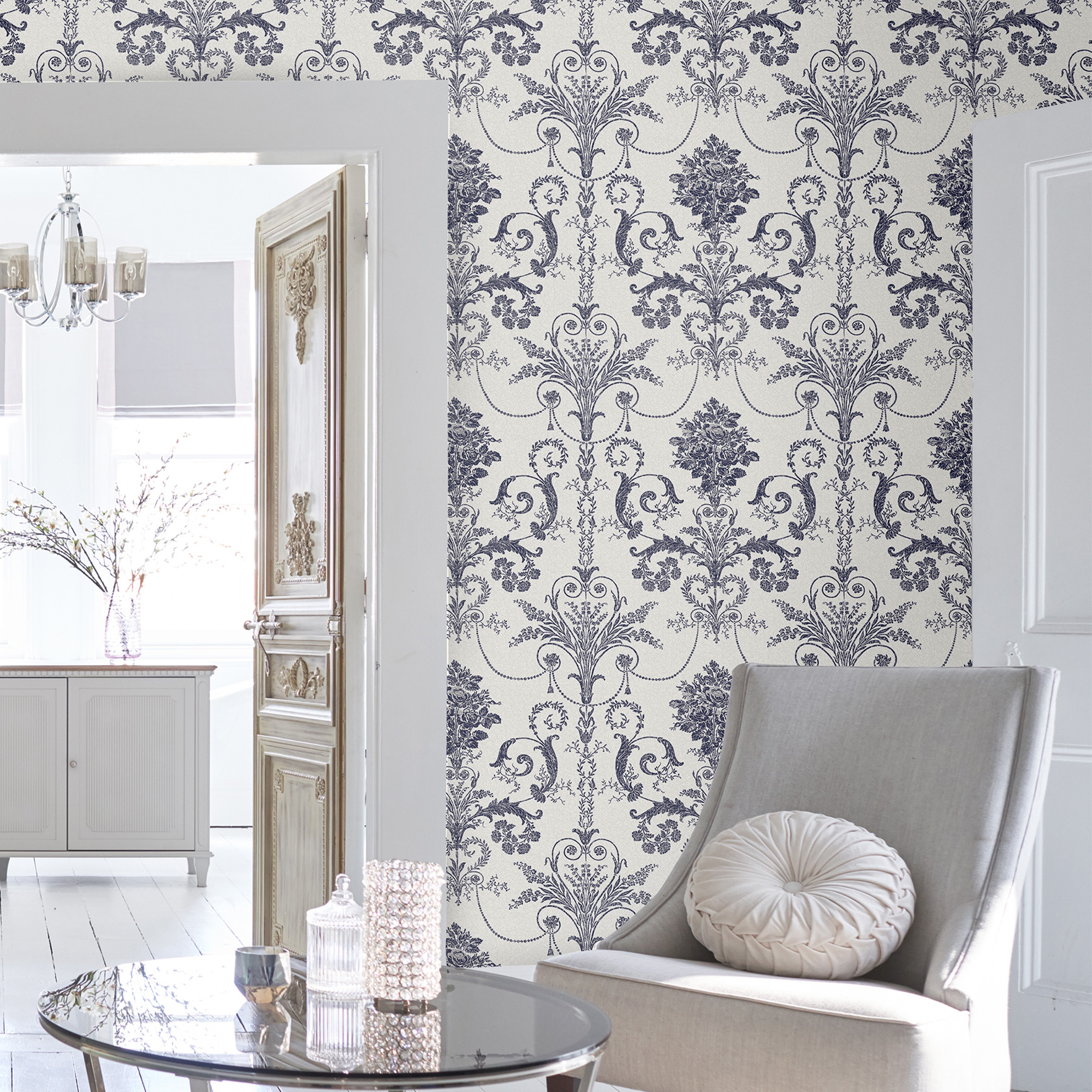 Tapet Laura Ashley Josette Off Vit& MidNacht 113387 EasyUp, Mönstrad Vit