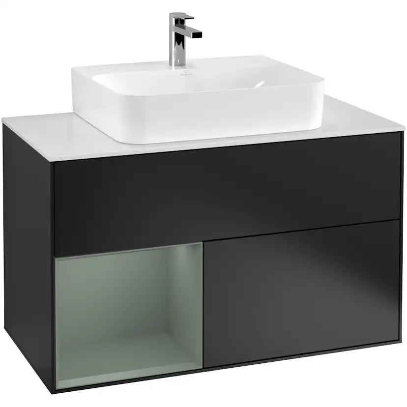 Tvättställsskåp Villeroy & Boch Finion G111GMPD Svart Mattlack/Oliv Mattlack med bänkskiva i Mattvitt glas med Väggbelysning, Lucka Vänster