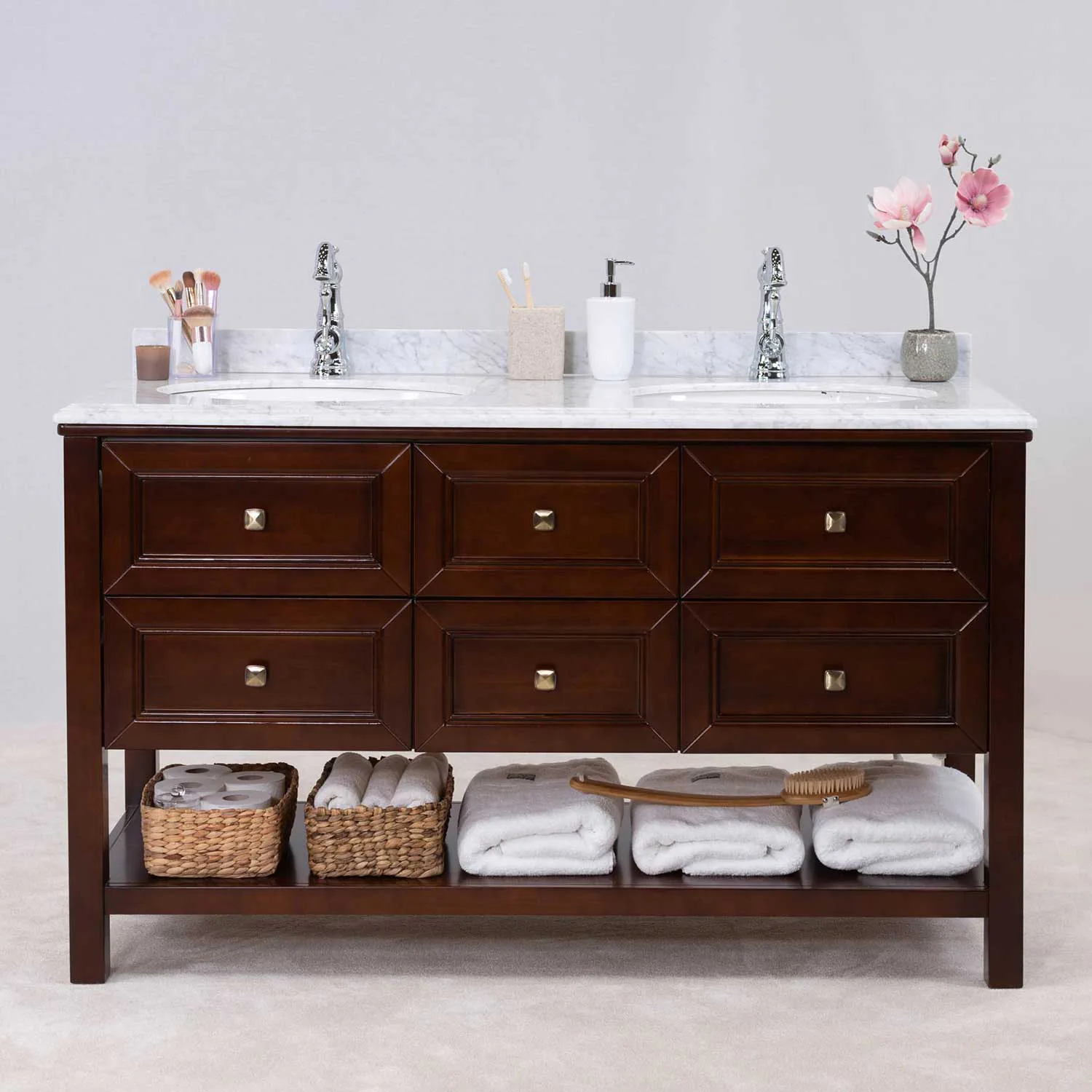 Dubbel Kommod Badrum 140cm Utah Brun- Vit Marmor