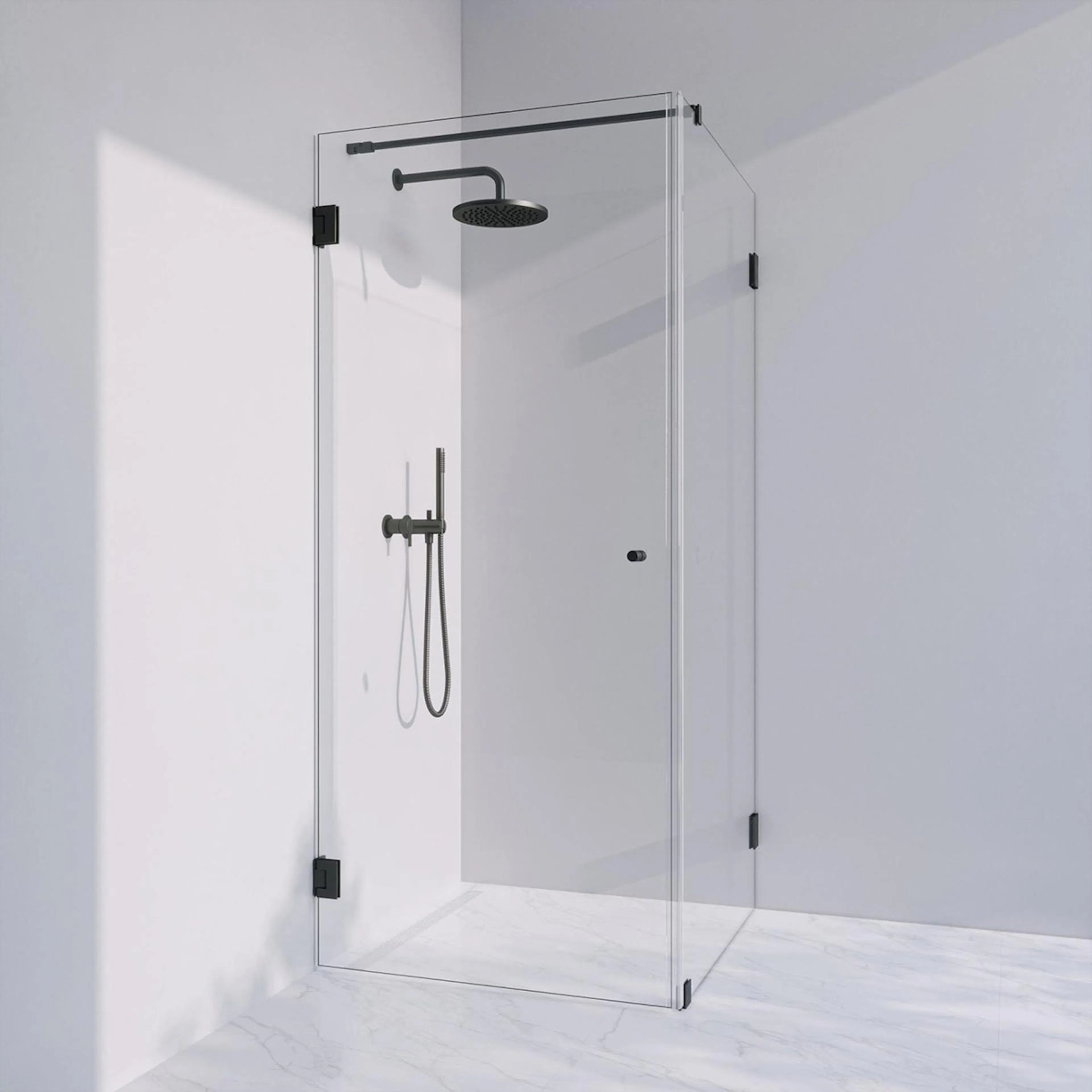 Invitrea Flair GH21/Högerhängd/90x90/Mattsvart/Fingerhål/Fro Storlek: 900x900 mm, Glastyp: Frostat Glas, Profil: Mattsvart, Handtag: Fingerhål, Hängning: Högerhängd