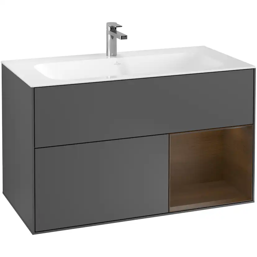 Tvättställsskåp Villeroy & Boch Finion G040GNGK Antracitgrå Mattlack/Valnötsfanér med Väggbelysning, Lucka Höger