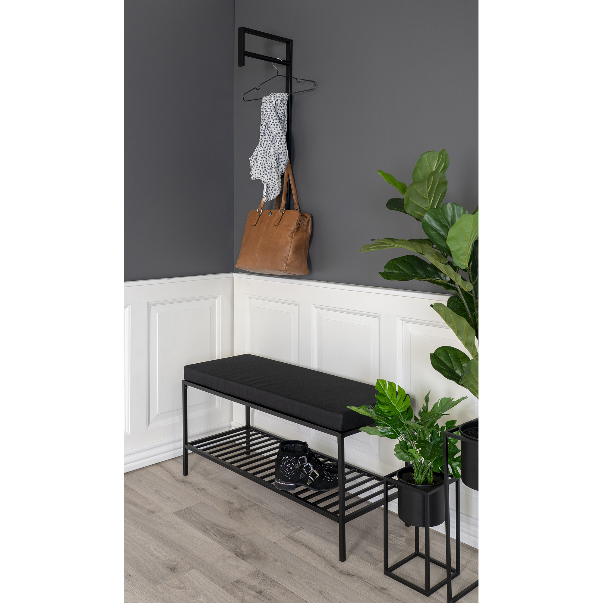 Sittbänk House Nordic Vita Svart Rektangulär Bänk med Hylla 100cm