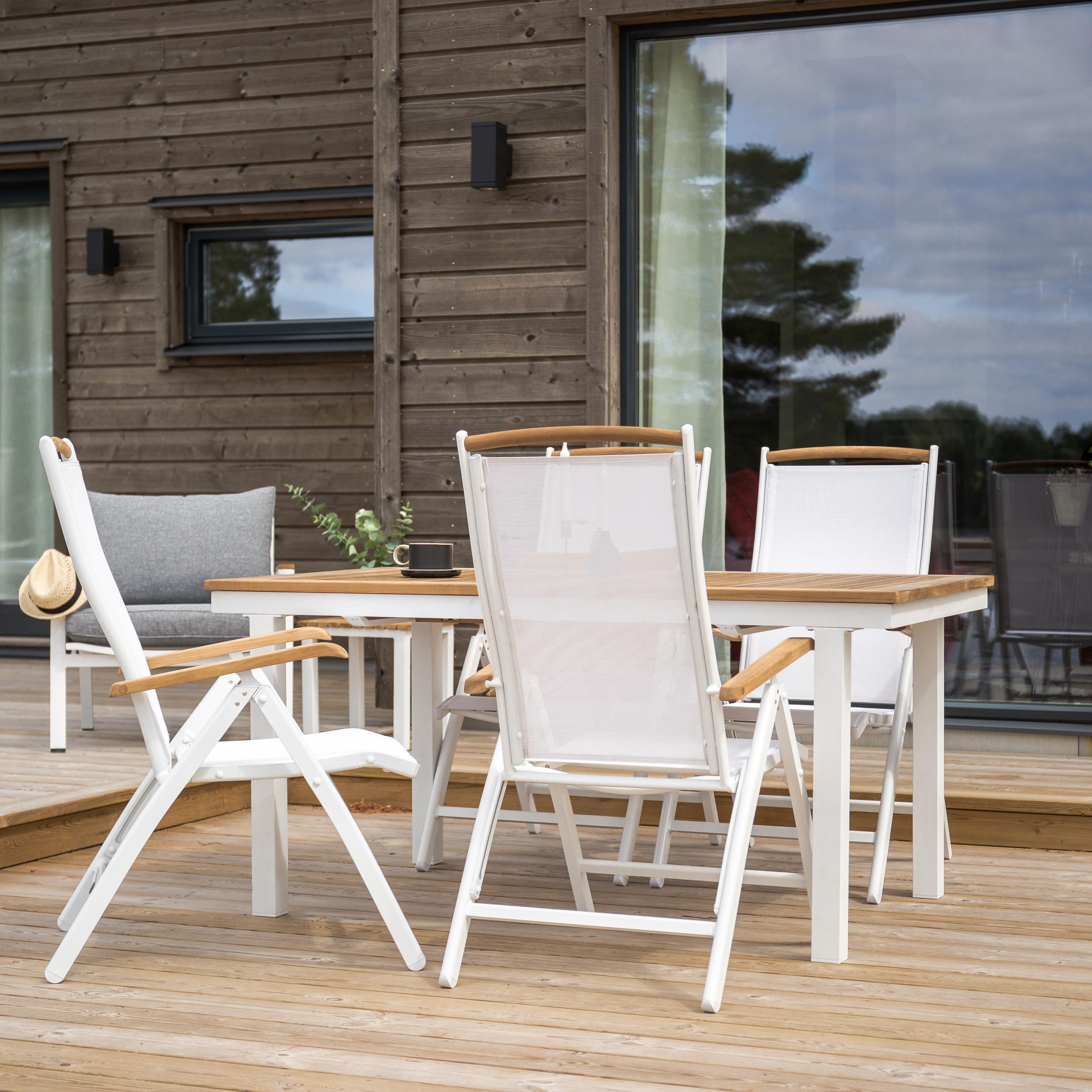 Panama bord 160/240*90-Vit Alu/Teak+stol 5:pos-Vit Alu/Teak4 Teak Bord med Matt Vita Ben, Vit Stol
