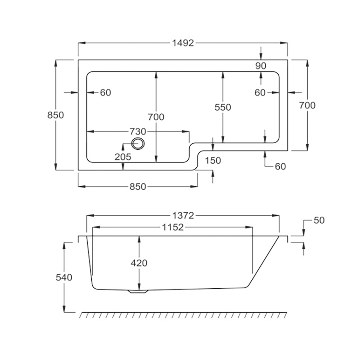 Quantum Showerbath Carr 1500x700/850mm Carronite®, Vänster