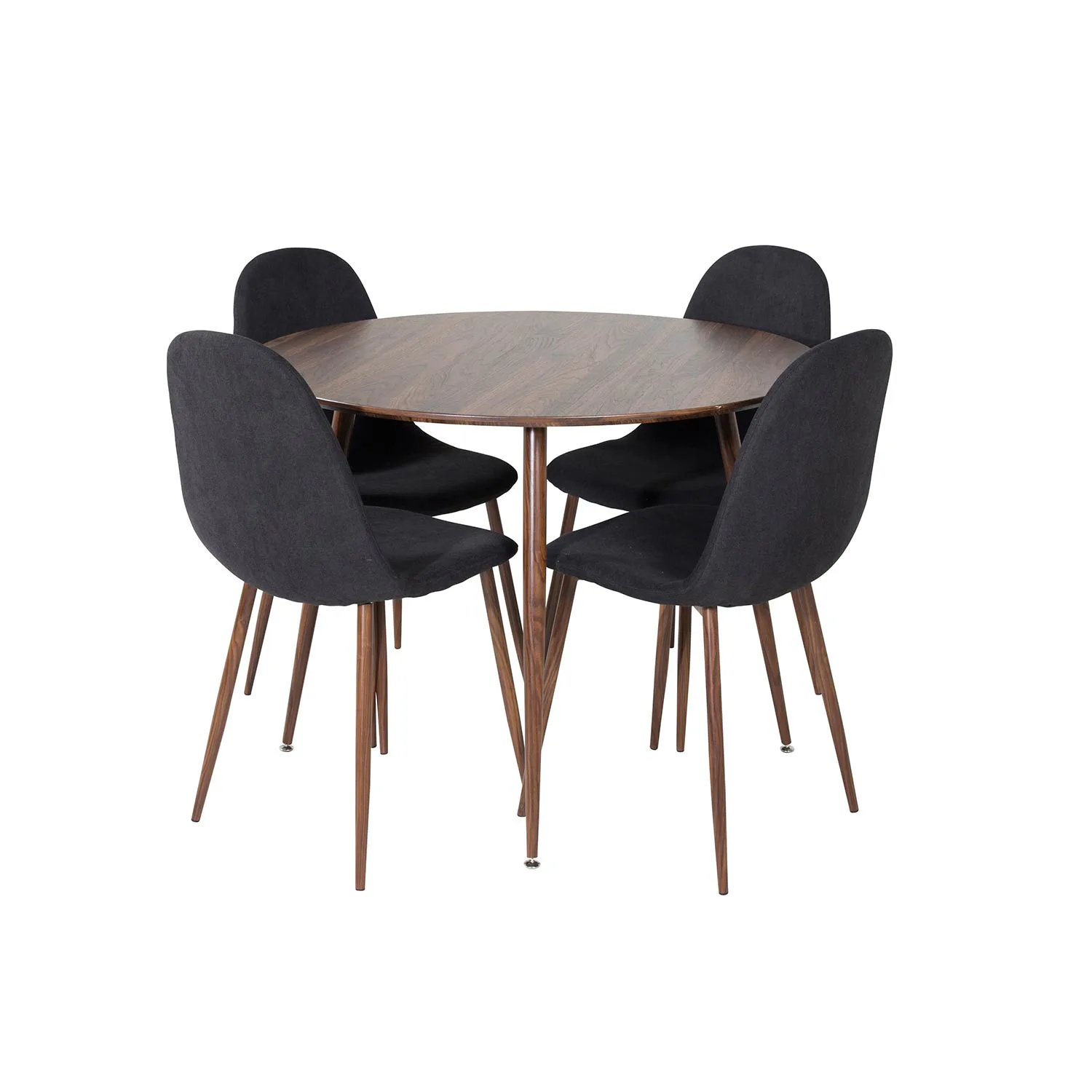 Plaza Round table - Walnut top -Polar Chair Black Fabric_4 Valnöt Bord med Valnöt Ben, Svart Stol med Valnöt Ben
