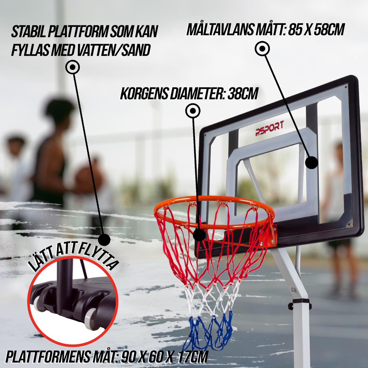 Basketställning ProSport Ungdom Justerbar Basketkorg med Hjul 2,1-2,6m