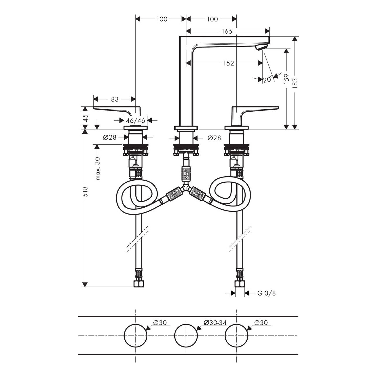 Tvättställsblandare Hansgrohe Metropol 160 3-håls