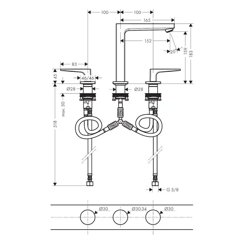 Tvättställsblandare Hansgrohe Metropol 160 3-håls