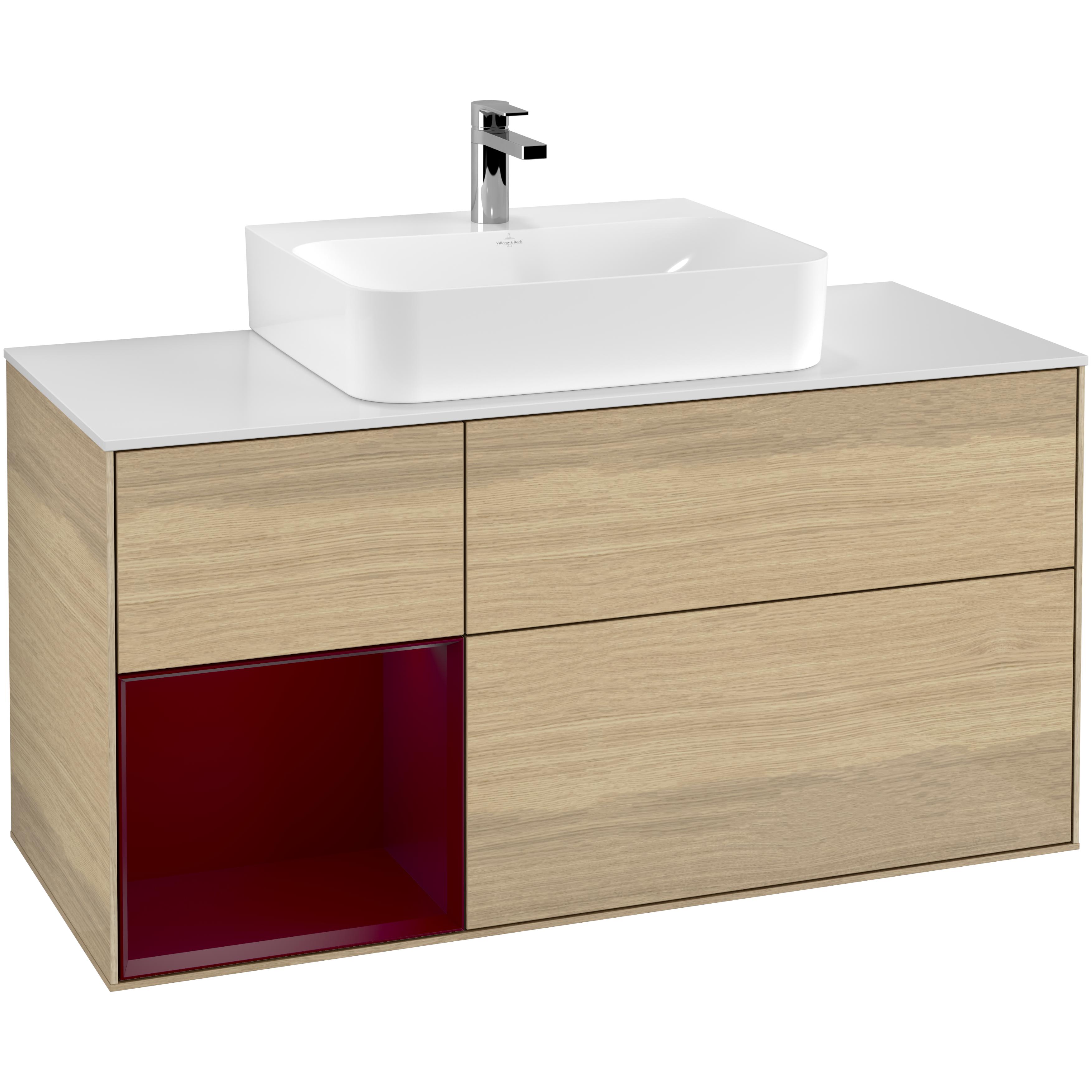 Tvättställsskåp Villeroy & Boch Finion F161HBPC Ekfanér/Pion Mattlack med bänkskiva i Mattvitt glas, Lucka Vänster