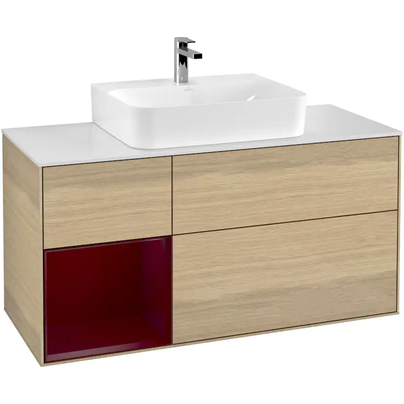Tvättställsskåp Villeroy & Boch Finion F161HBPC Ekfanér/Pion Mattlack med bänkskiva i Mattvitt glas, Lucka Vänster
