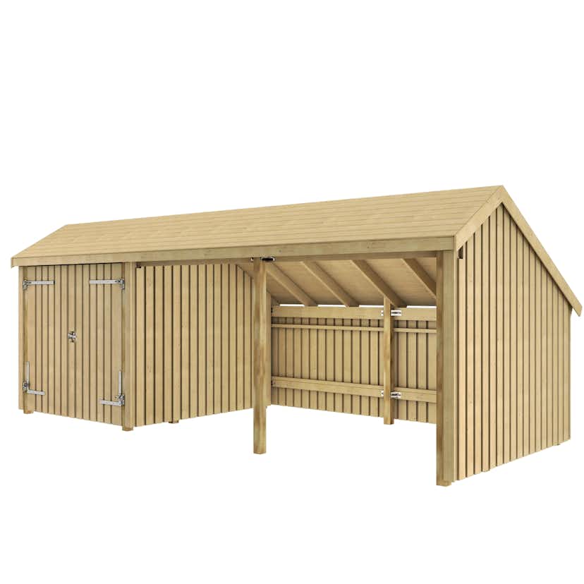 Multi Trädgårdshus 15,5 m² - 3 moduler med dubbeldörr och öppen framsida