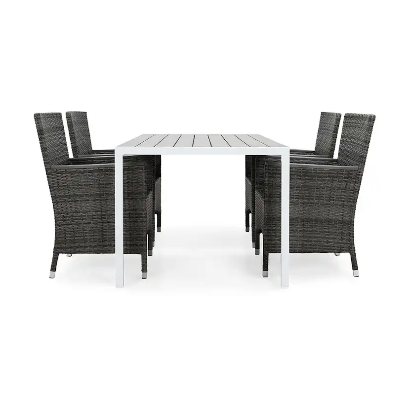 Matgrupp Utomhus deNoord Tunis 150x90 cm med 4 Thor Utefåtöljer Lyx med Armstöd