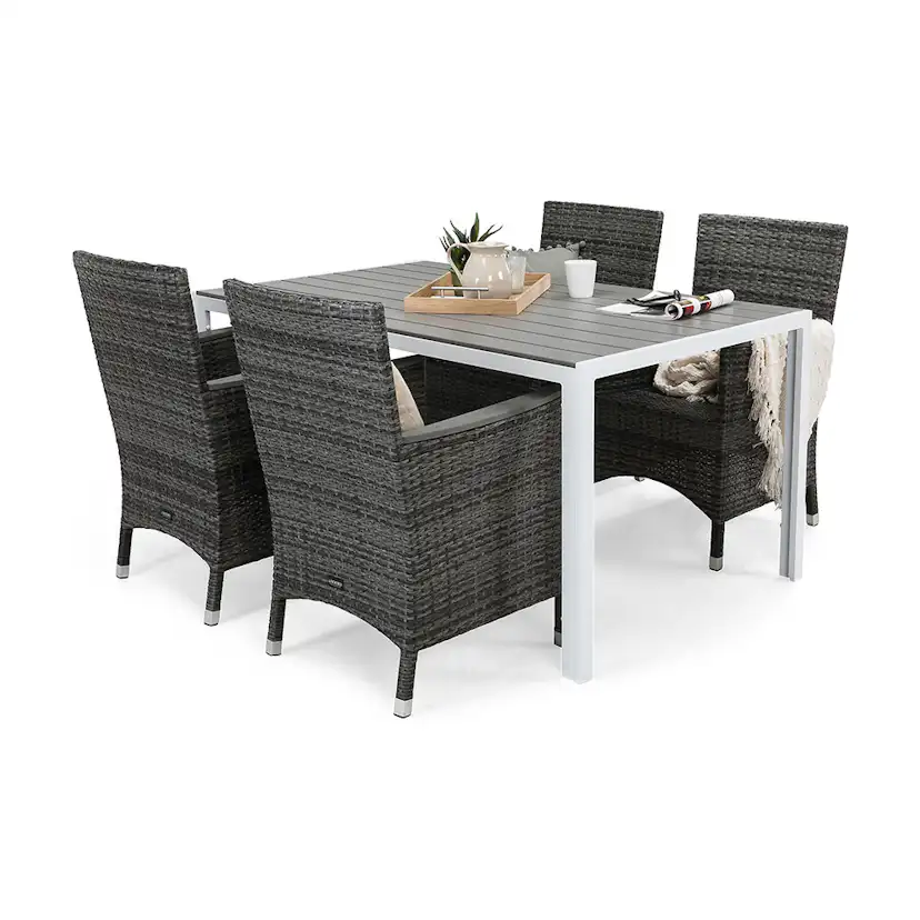 Matgrupp Utomhus deNoord Tunis 150x90 cm med 4 Thor Utefåtöljer Lyx med Armstöd