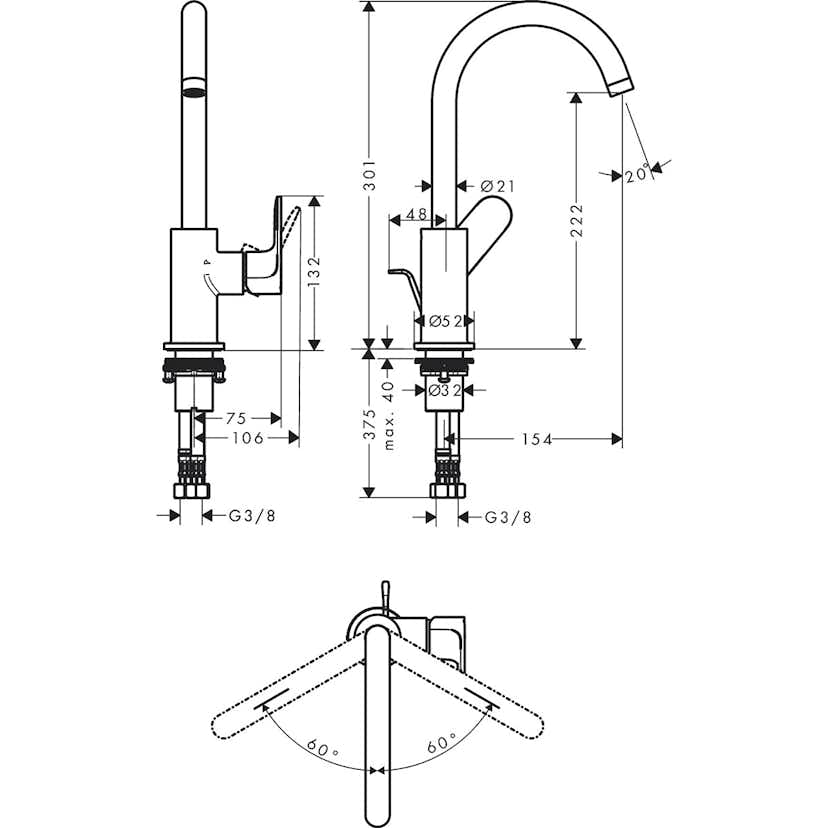 Tvättställsblandare Hansgrohe Rebris S 1-grepps 210 med Svängbar Pip och Lyftventil