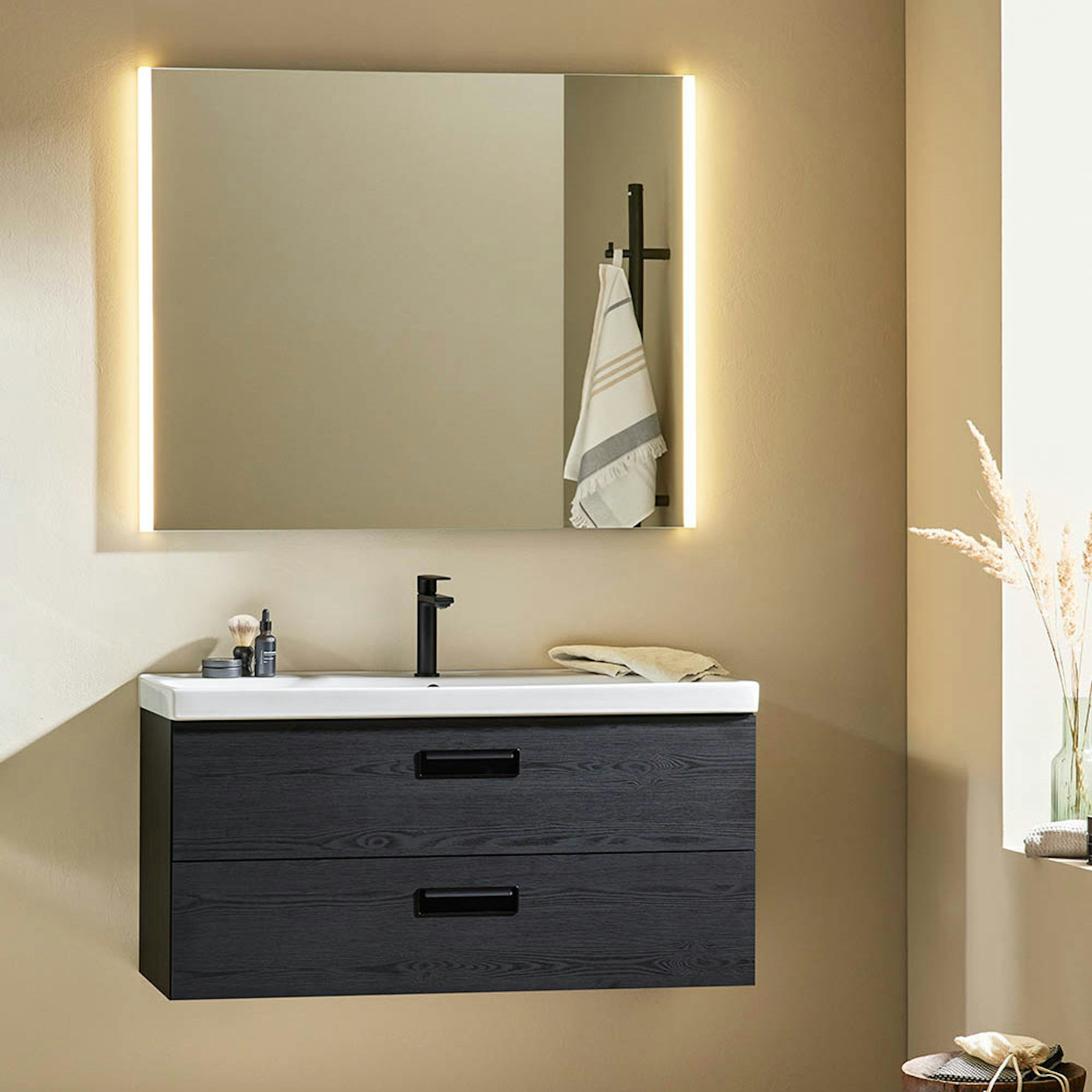 Tvättställsskåp Noro Relounge Svart Trästruktur Med Tvättställ