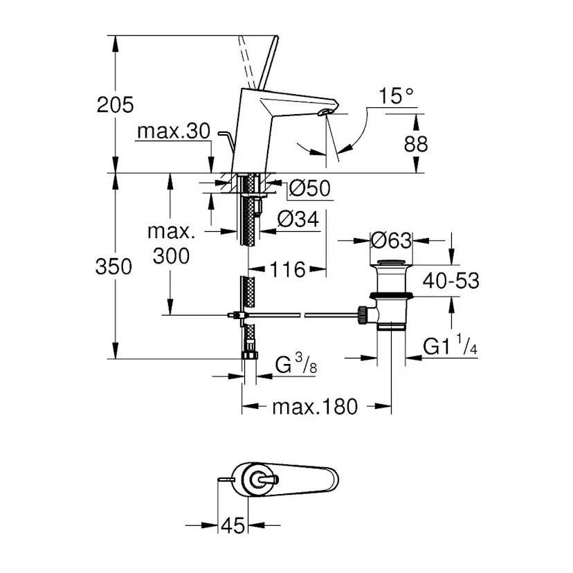 Tvättställsblandare Grohe Eurodisc Joy 23425 med Lyftventil